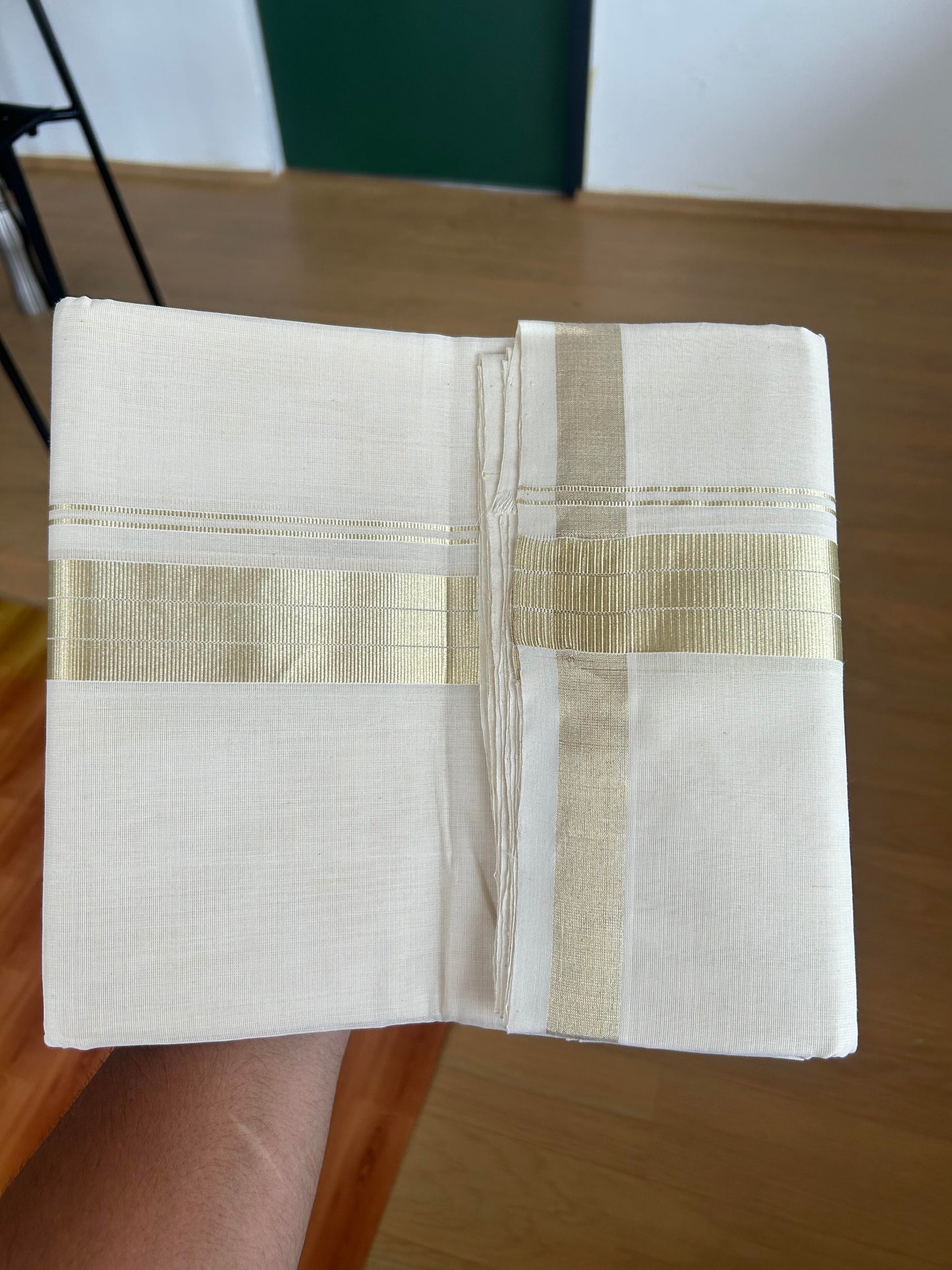 25% Discount ! KaithariKada Handloom Millpaav - Kerala Handloom - 100% Pure Cotton Off White (Unbleached) Double Mundu/Dhoti - 80x90 - 1.5 inch Light Gold Stripes Kara 3.60 mtr (8 Muzham) -  27 KK5386 RAM