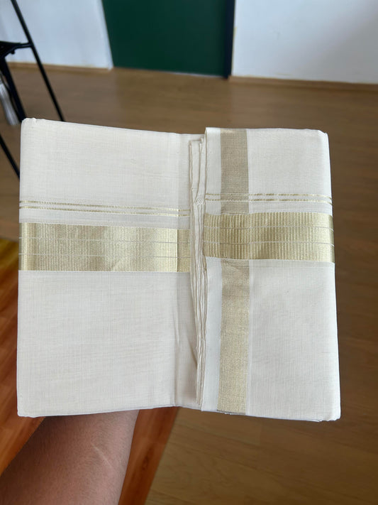 25% Discount ! KaithariKada Handloom Millpaav - Kerala Handloom - 100% Pure Cotton Off White (Unbleached) Double Mundu/Dhoti - 80x90 - 1.5 inch Light Gold Stripes Kara 3.60 mtr (8 Muzham) -  27 KK5386 RAM