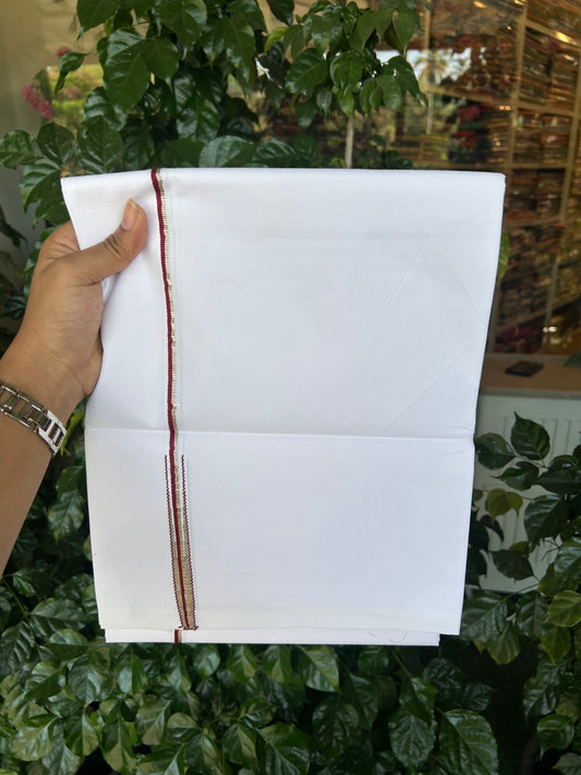 20% Discount ! KaithariKada Balaramapuram 100% Cotton Single Pure White Mundu/Dhoti - Twisted 100s Thread - 1 cm Puliyilakkara Silver Kasav & Maroon Chutty Kara (2 meter / 4 muzham) - 10 KK5371 ASH