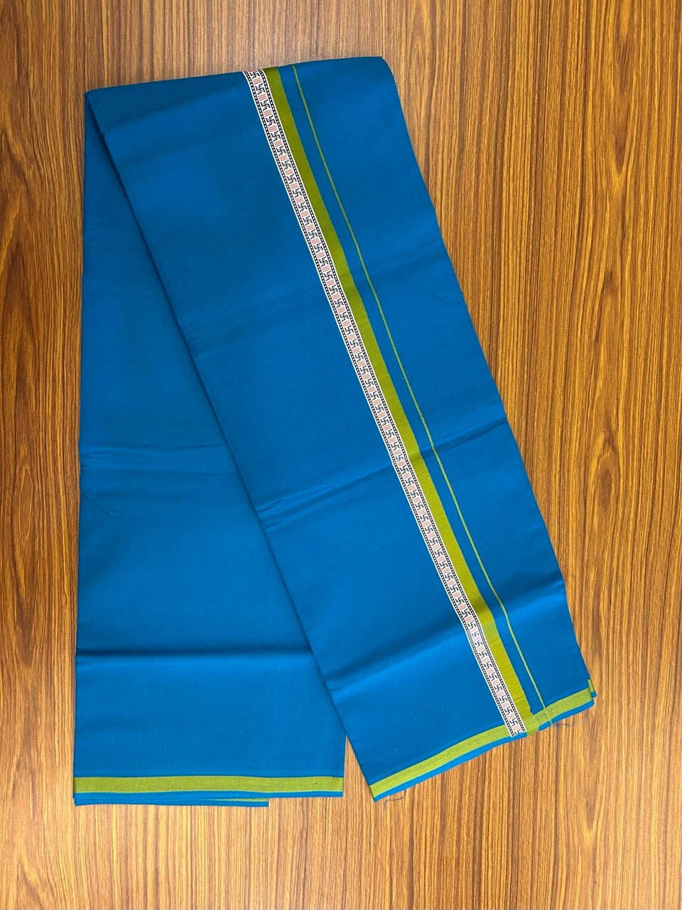 39% Discount! Kaitharikada - Pure Cotton - Single Kaily / Lungi - 1 inch Light Green & Multi colour Pattern Printed kara with Sapphire Blue colour body (2 meter / 4 muzham) - 25 KK8035 GAN