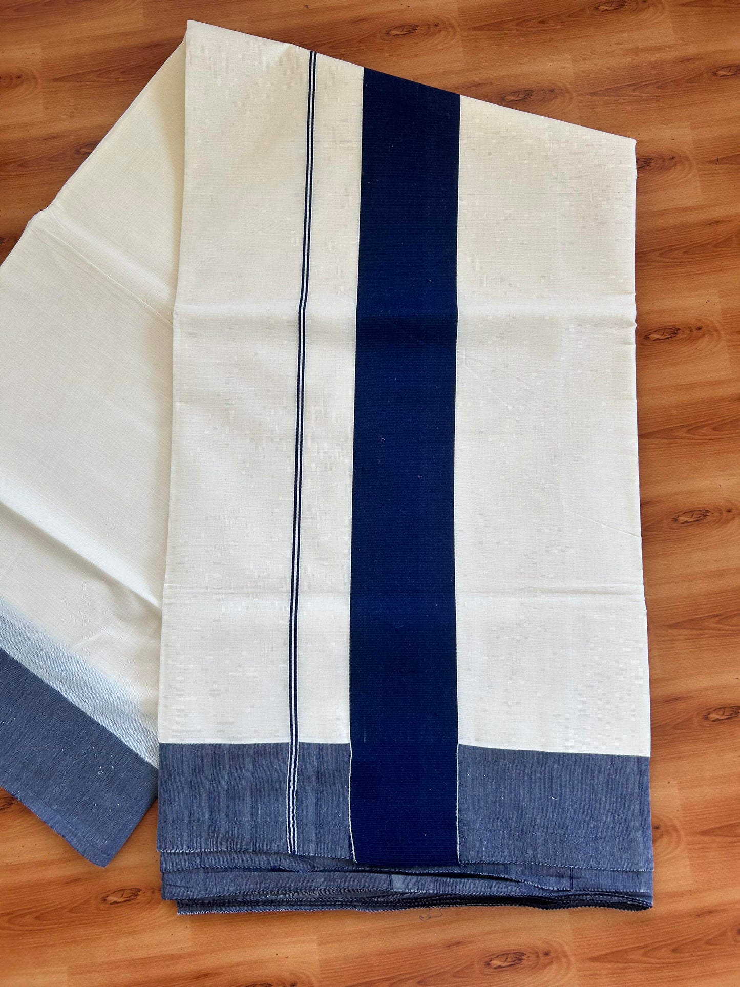 25% Discount! Kaitharikada Kerala Traditional Saree Off white- Mixed Cotton Saree - 3 Inch  Pallu - Navy Blue Kara - 46 KK7000 PMC