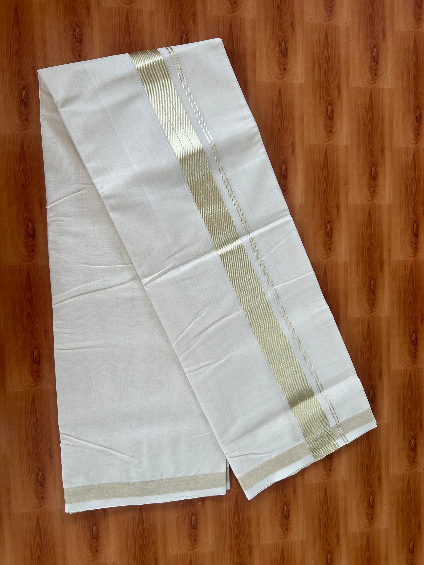 25% Discount ! KaithariKada Handloom Millpaav - Kerala Handloom - 100% Pure Cotton Off White (Unbleached) Double Mundu/Dhoti - 80x90 - 1.5 inch Light Gold Stripes Kara 3.60 mtr (8 Muzham) -  27 KK5386 RAM