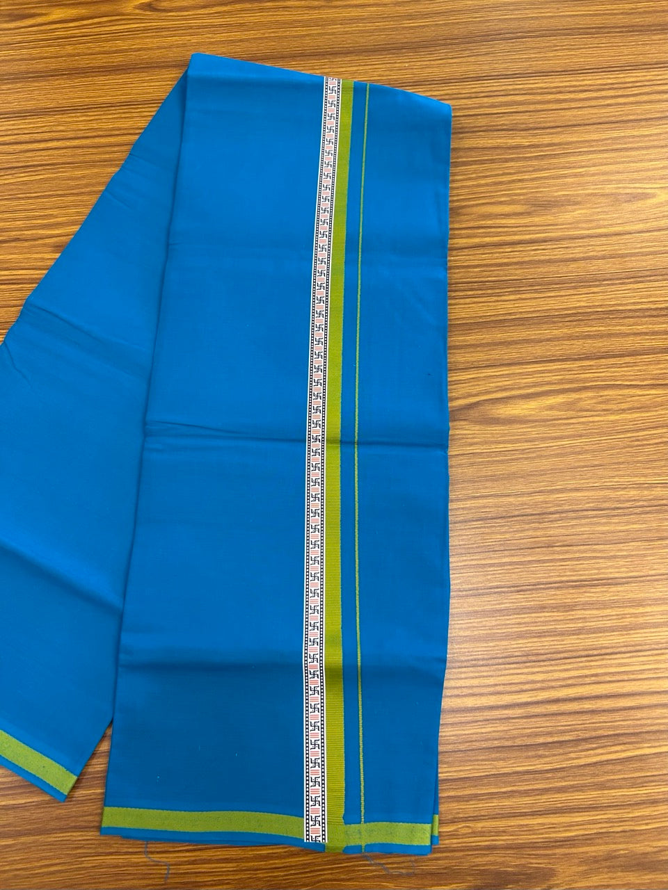 39% Discount! Kaitharikada - Pure Cotton - Single Kaily / Lungi - 1 inch Light Green & Multi colour Pattern Printed kara with Sapphire Blue colour body (2 meter / 4 muzham) - 25 KK8035 GAN