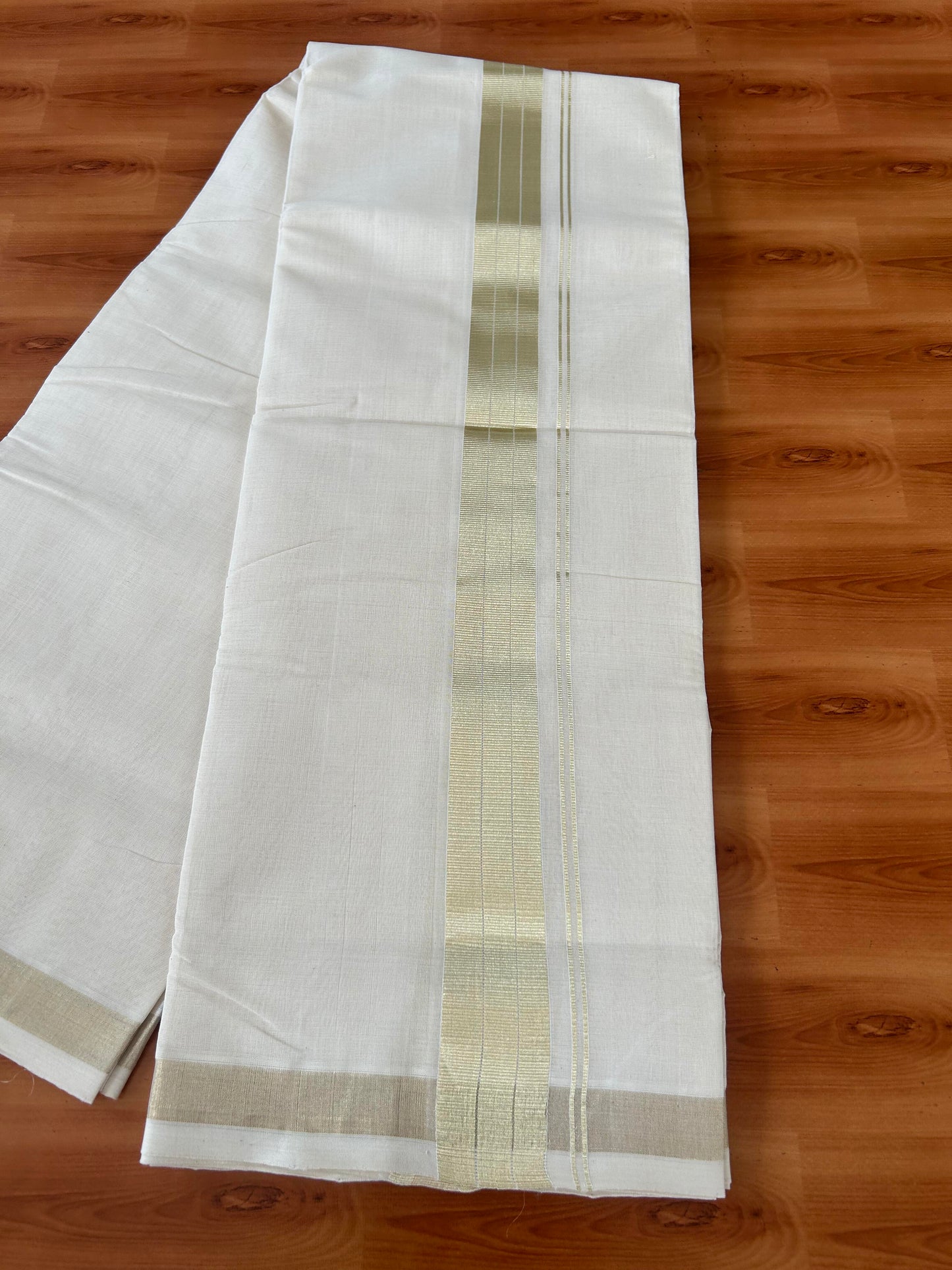 25% Discount ! KaithariKada Handloom Millpaav - Kerala Handloom - 100% Pure Cotton Off White (Unbleached) Double Mundu/Dhoti - 80x90 - 1.5 inch Light Gold Stripes Kara 3.60 mtr (8 Muzham) -  27 KK5386 RAM