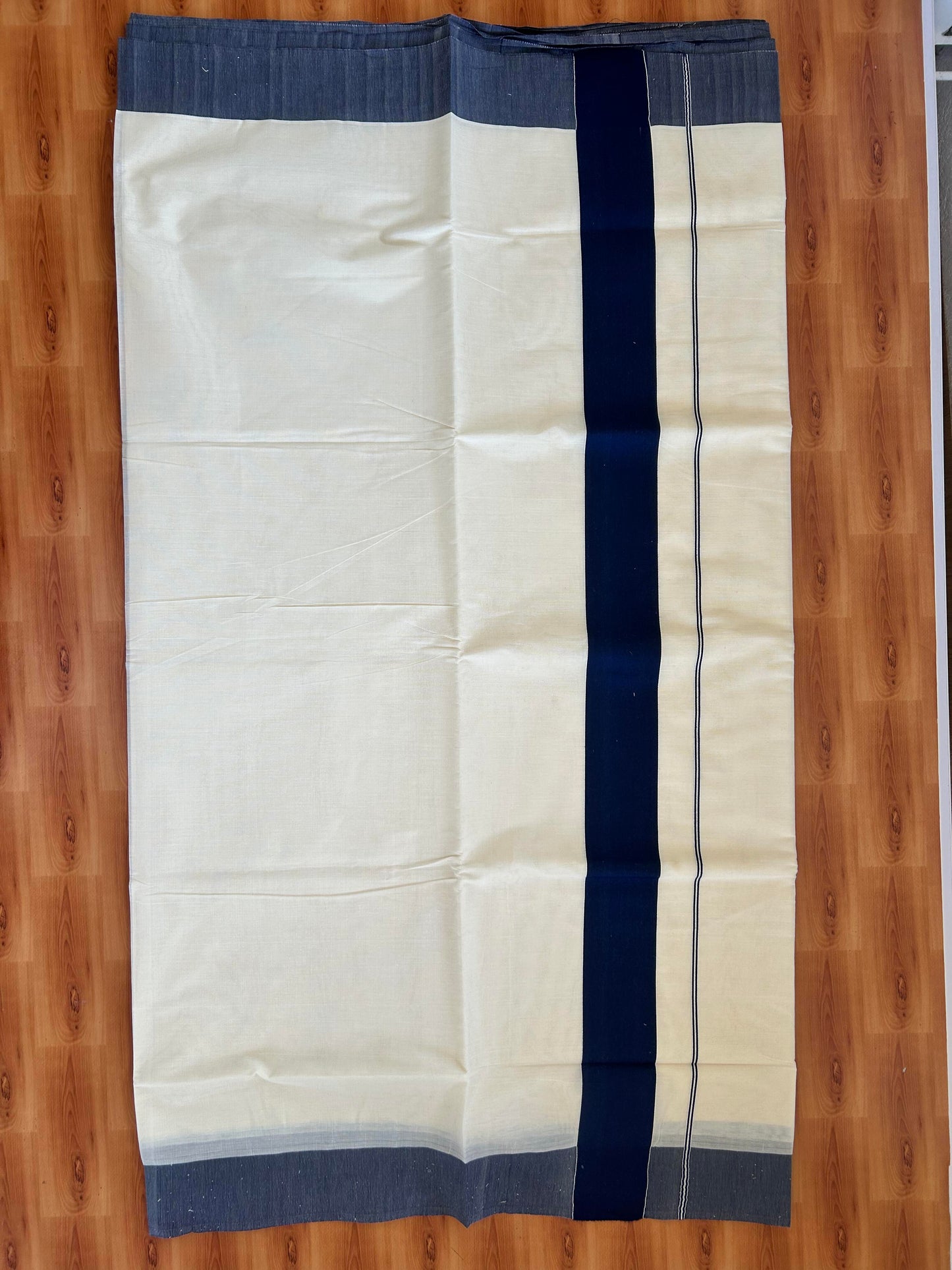 25% Discount! Kaitharikada Kerala Traditional Saree Off white- Mixed Cotton Saree - 3 Inch  Pallu - Navy Blue Kara - 46 KK7000 PMC