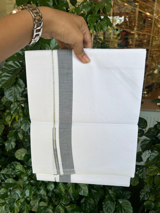 20% Discount!! KaithariKada Balaramapuram 100% Cotton Pure White Single Mundu/Dhoti - 100x100 - 1 inch Silver kasav & Black Shaded Puliyilakkara chutty (2 meter / 4 muzham) - 6 KK5371 ASH