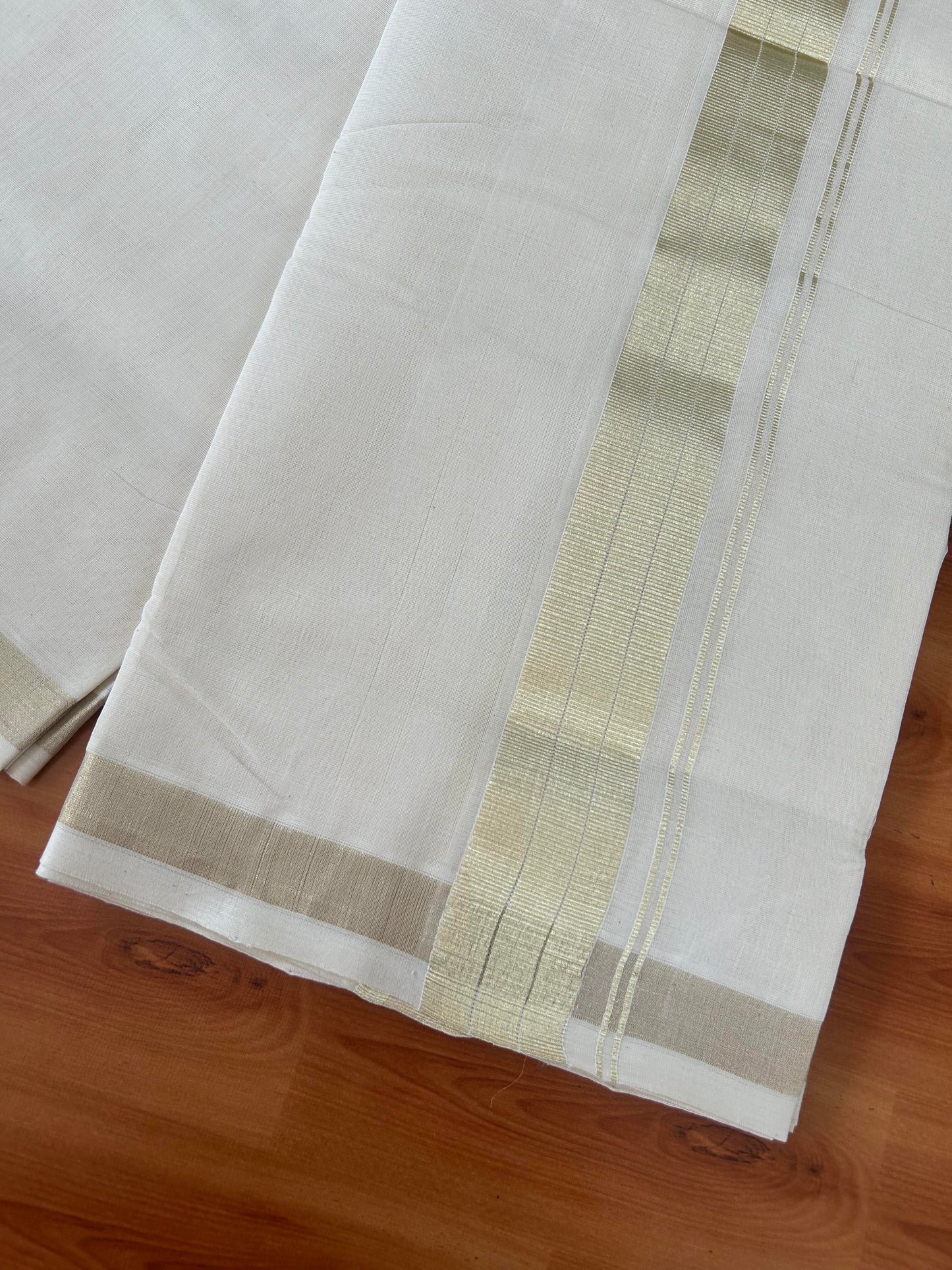 25% Discount ! KaithariKada Handloom Millpaav - Kerala Handloom - 100% Pure Cotton Off White (Unbleached) Double Mundu/Dhoti - 80x90 - 1.5 inch Light Gold Stripes Kara 3.60 mtr (8 Muzham) -  27 KK5386 RAM