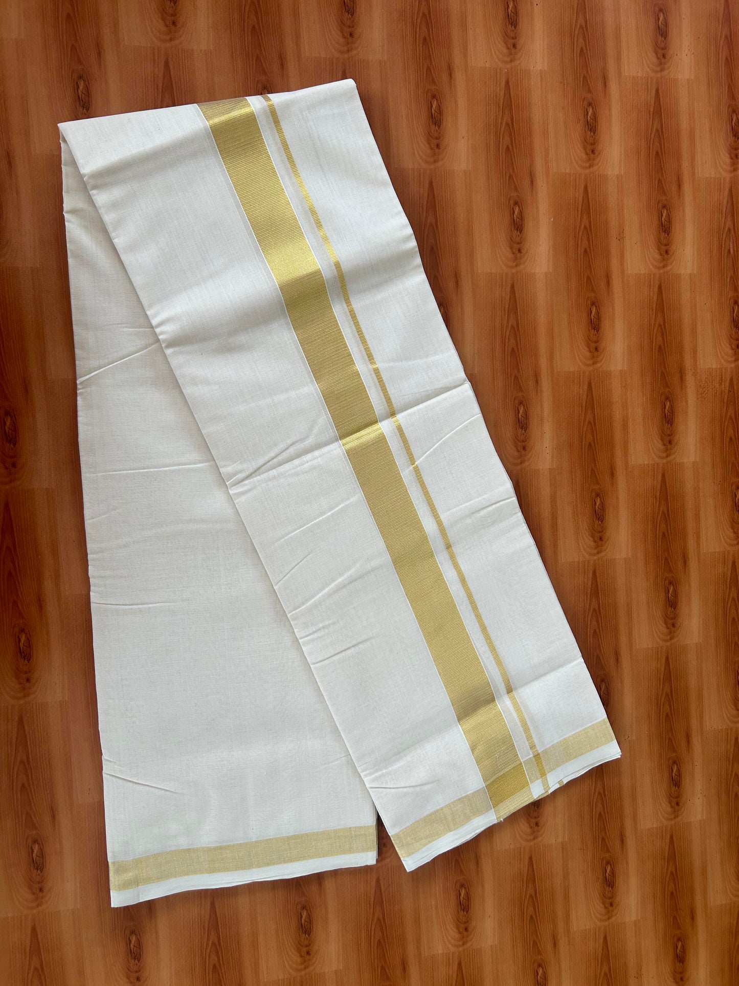 25% Discount ! KaithariKada Handloom Millpaav - Kerala Handloom - 100% Pure Cotton Off White (Unbleached) Double Mundu/Dhoti - 80x90 - 1.5 inch Gold Kara 3.60 mtr (8 Muzham) -  28 KK5386 RAM