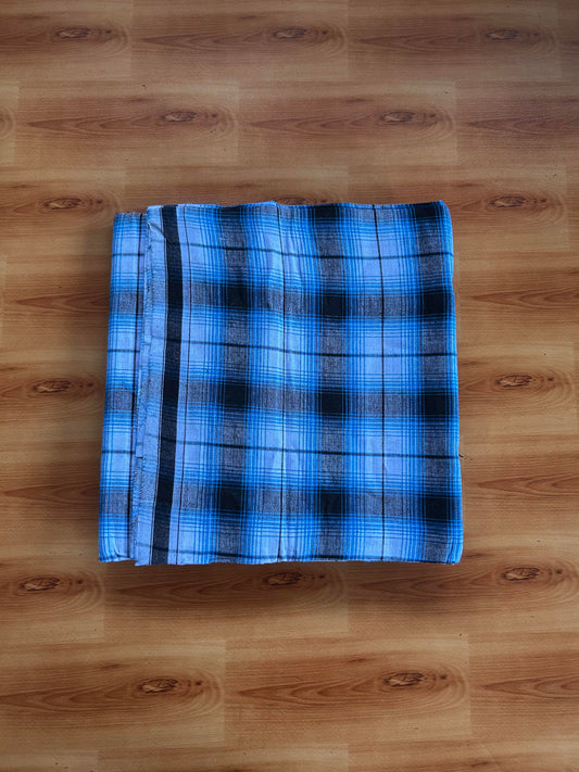 Premium Kathar Type Mund Pure cotton 40s - Kaitharikada Pulimood - Single Kaily / Lungi - 1 inch Black & White Border with Black & Blue Check body (2 meter / 4 muzham) - 14 KK8090 MUT