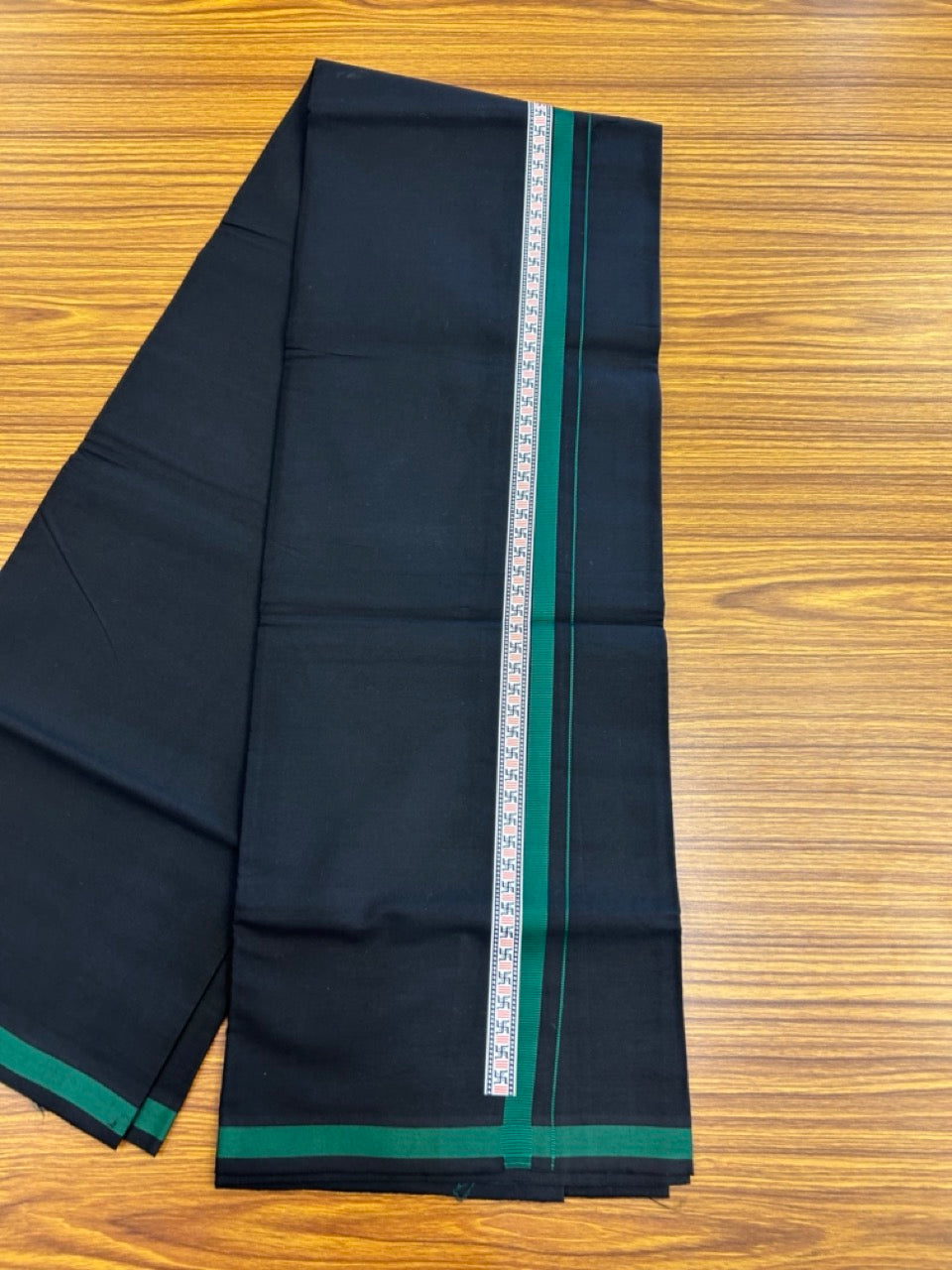 39% Discount! Kaitharikada - Pure Cotton - Single Kaily / Lungi - 1 inch Green & Multi colour Pattern Printed kara with Black colour body (2 meter / 4 muzham) - 36 KK8035 GAN