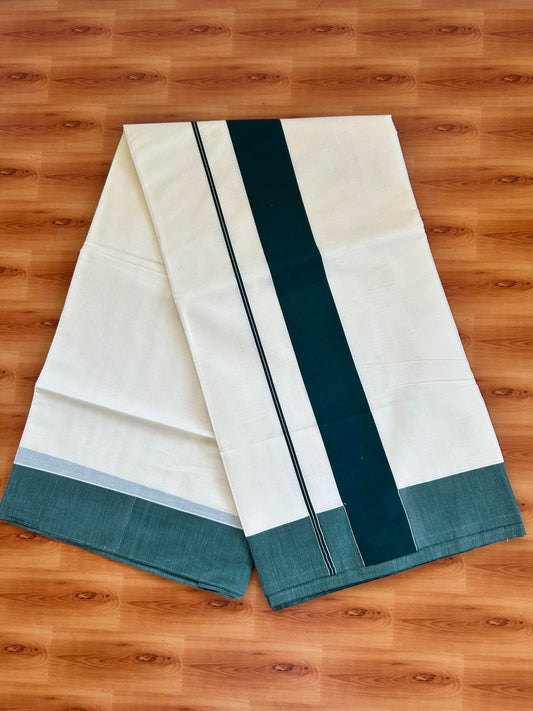 25% Discount! Kaitharikada Kerala Traditional Saree Off white- Mixed Cotton Saree - 2.75 Inch  Pallu - Dark Green Kara - 47 KK7000 PMC