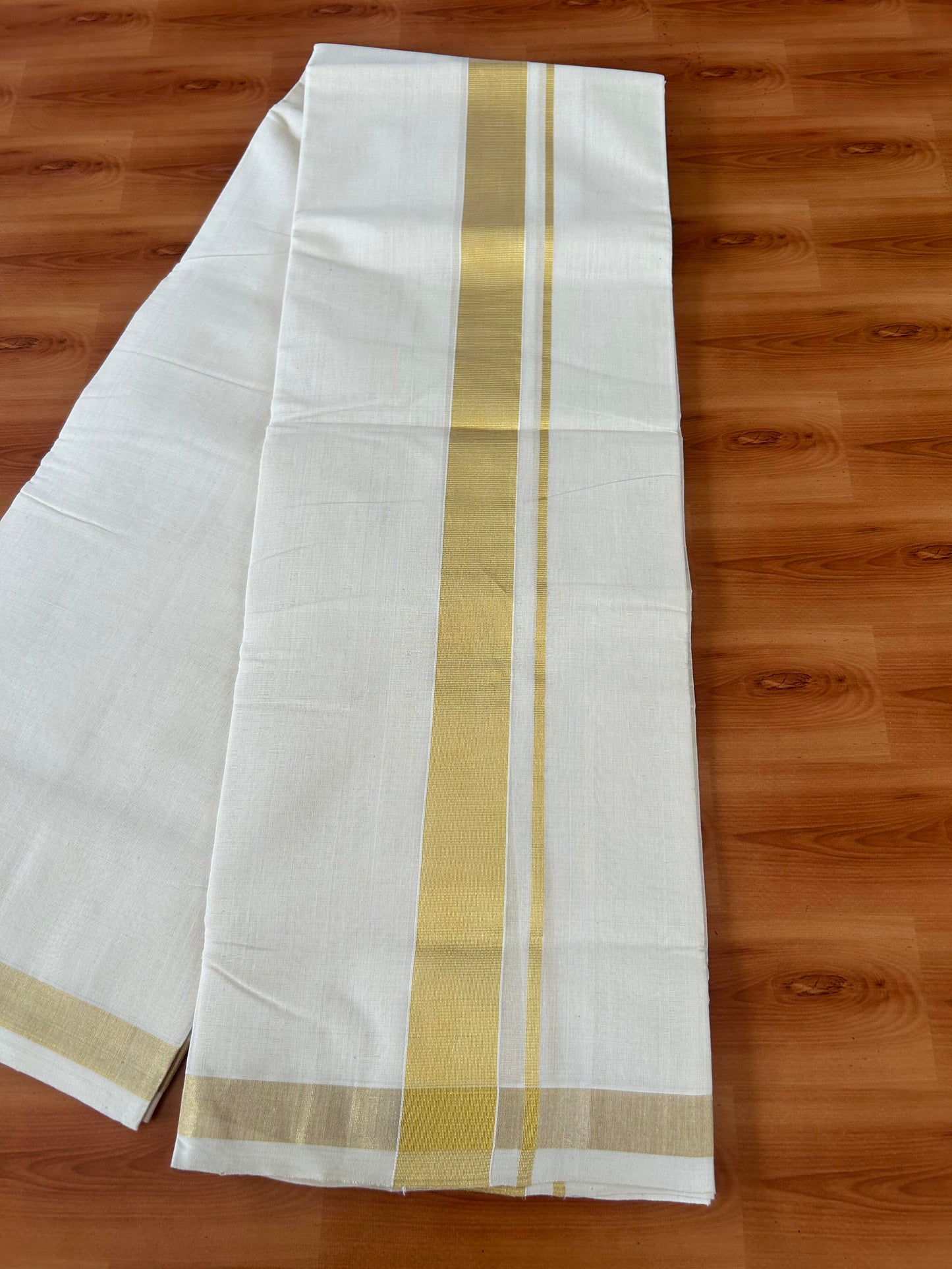 25% Discount ! KaithariKada Handloom Millpaav - Kerala Handloom - 100% Pure Cotton Off White (Unbleached) Double Mundu/Dhoti - 80x90 - 1.5 inch Gold Kara 3.60 mtr (8 Muzham) -  28 KK5386 RAM