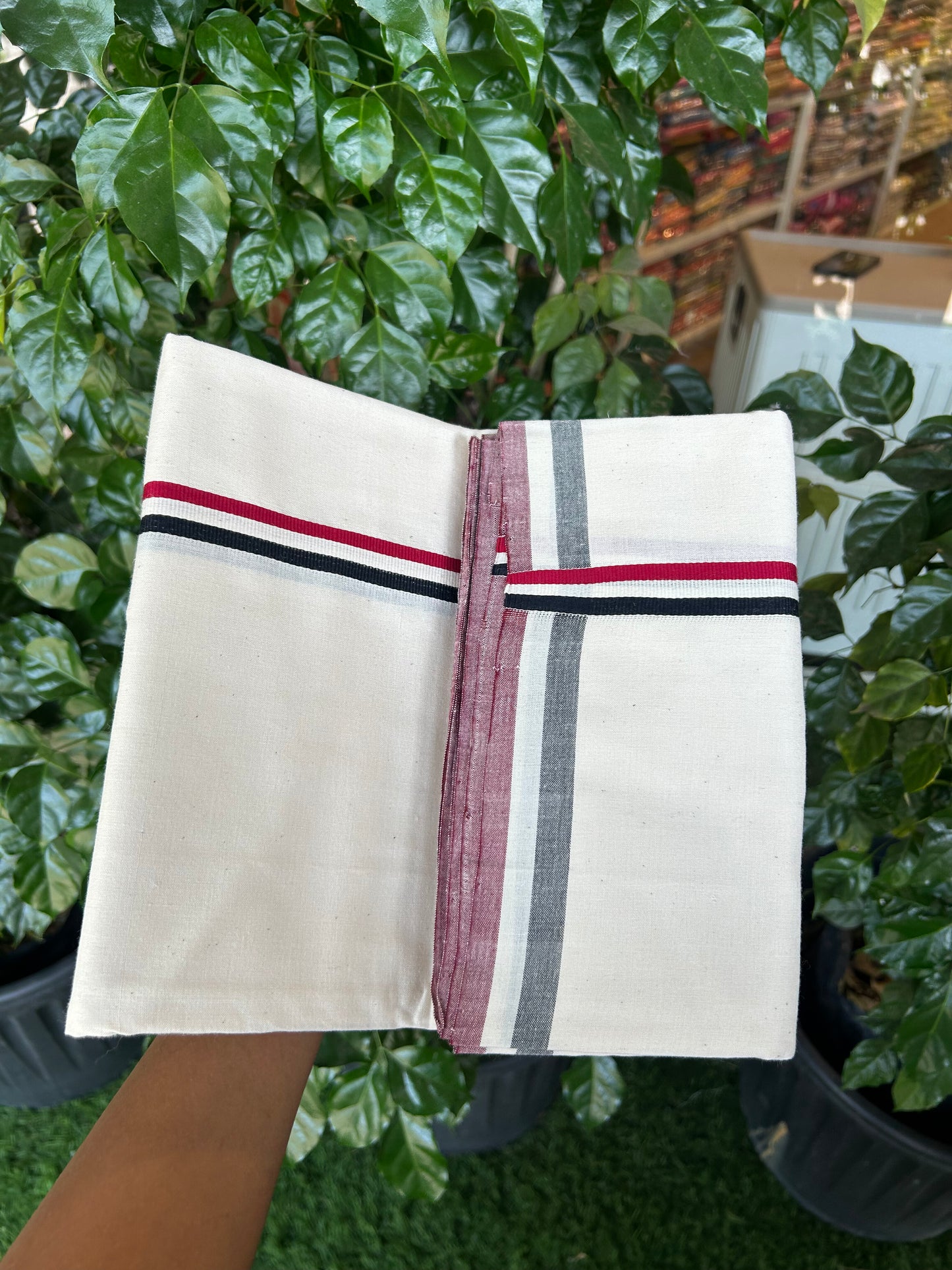 Admk Veshti - 25%Discount !! Signature Kaitharikada Exclusive Single Dhoti - 100% Cotton - Kerala Handloom Single Mundu/Dhoti - Off White - (Unbleached) 0.75 inch Black White & Maroon Red kara (2 meter / 4 muzham)- 2 KK5371 KAI
