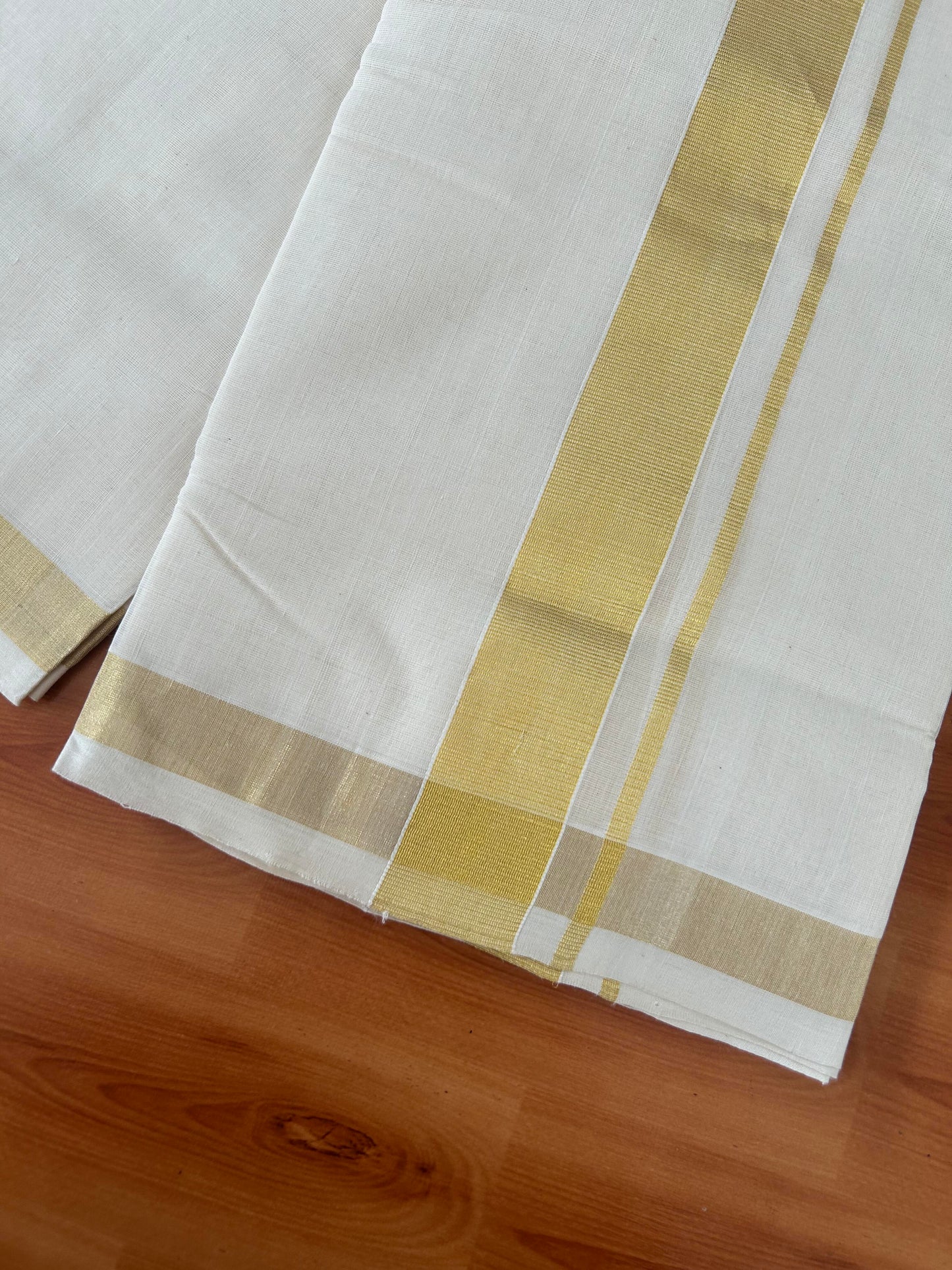 25% Discount ! KaithariKada Handloom Millpaav - Kerala Handloom - 100% Pure Cotton Off White (Unbleached) Double Mundu/Dhoti - 80x90 - 1.5 inch Gold Kara 3.60 mtr (8 Muzham) -  28 KK5386 RAM