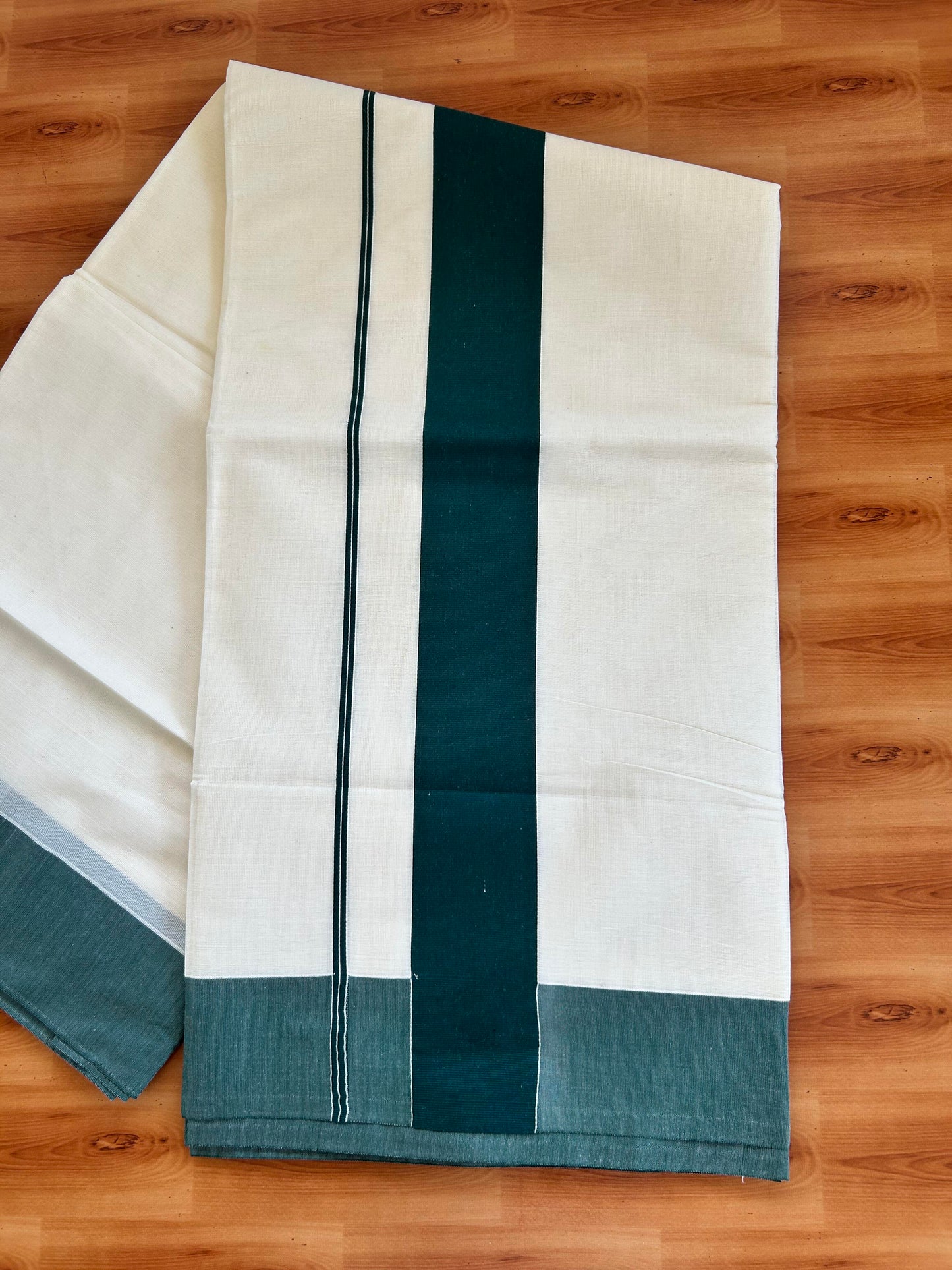 25% Discount! Kaitharikada Kerala Traditional Saree Off white- Mixed Cotton Saree - 2.75 Inch  Pallu - Dark Green Kara - 47 KK7000 PMC