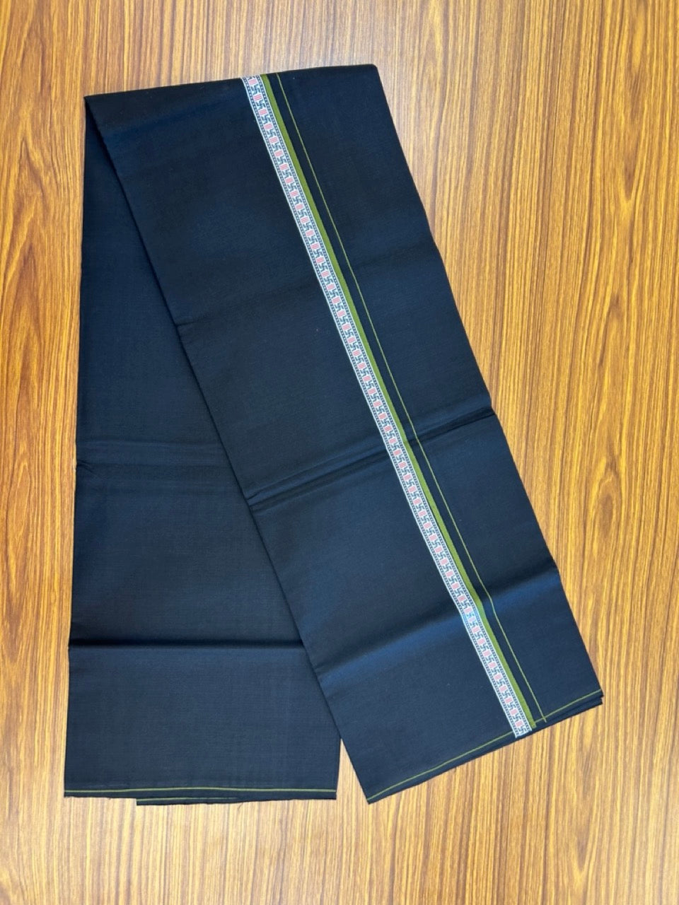 39% Discount! Kaitharikada - Pure Cotton - Single Kaily / Lungi - 0.75 inch Light Olive green & Multi colour Pattern Printed kara with Black colour body (2 meter / 4 muzham) - 35 KK8035 GAN