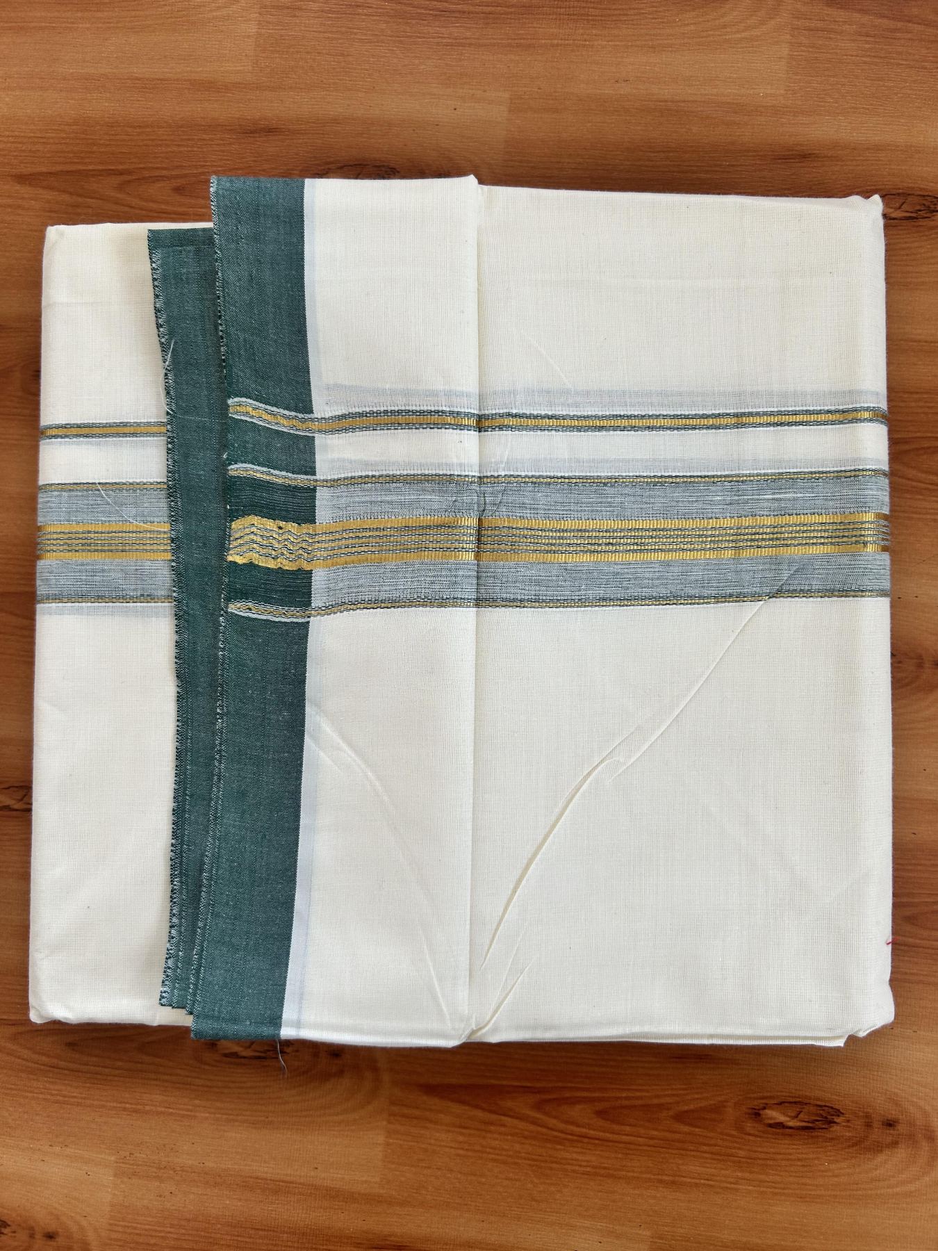 Double Off White - (Unbleached) Mundu/Dhoti - 20% Discount! KaithariKada Balaramapuram Pure Cotton - 80s - 1.5 inch Gold Kasav & Green Striped Kara - 4 mtr (8.5 Muzham) - 14 KK5416 GAN