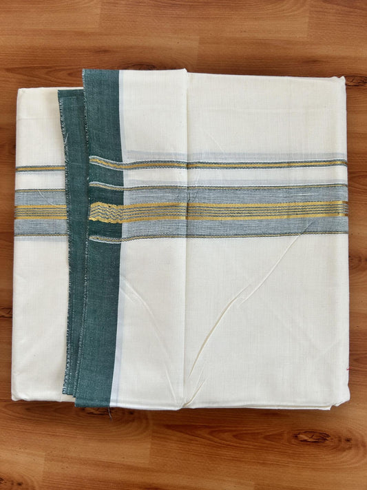 Double Off White - (Unbleached) Mundu/Dhoti - 20% Discount! KaithariKada Balaramapuram Pure Cotton - 80s - 1.5 inch Gold Kasav & Green Striped Kara - 4 mtr (8.5 Muzham) - 14 KK5416 GAN