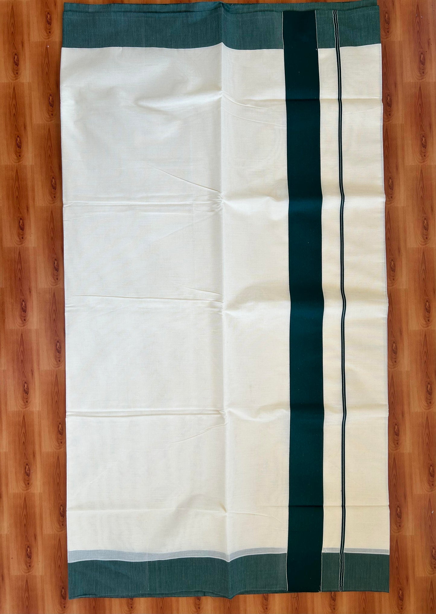 25% Discount! Kaitharikada Kerala Traditional Saree Off white- Mixed Cotton Saree - 2.75 Inch  Pallu - Dark Green Kara - 47 KK7000 PMC