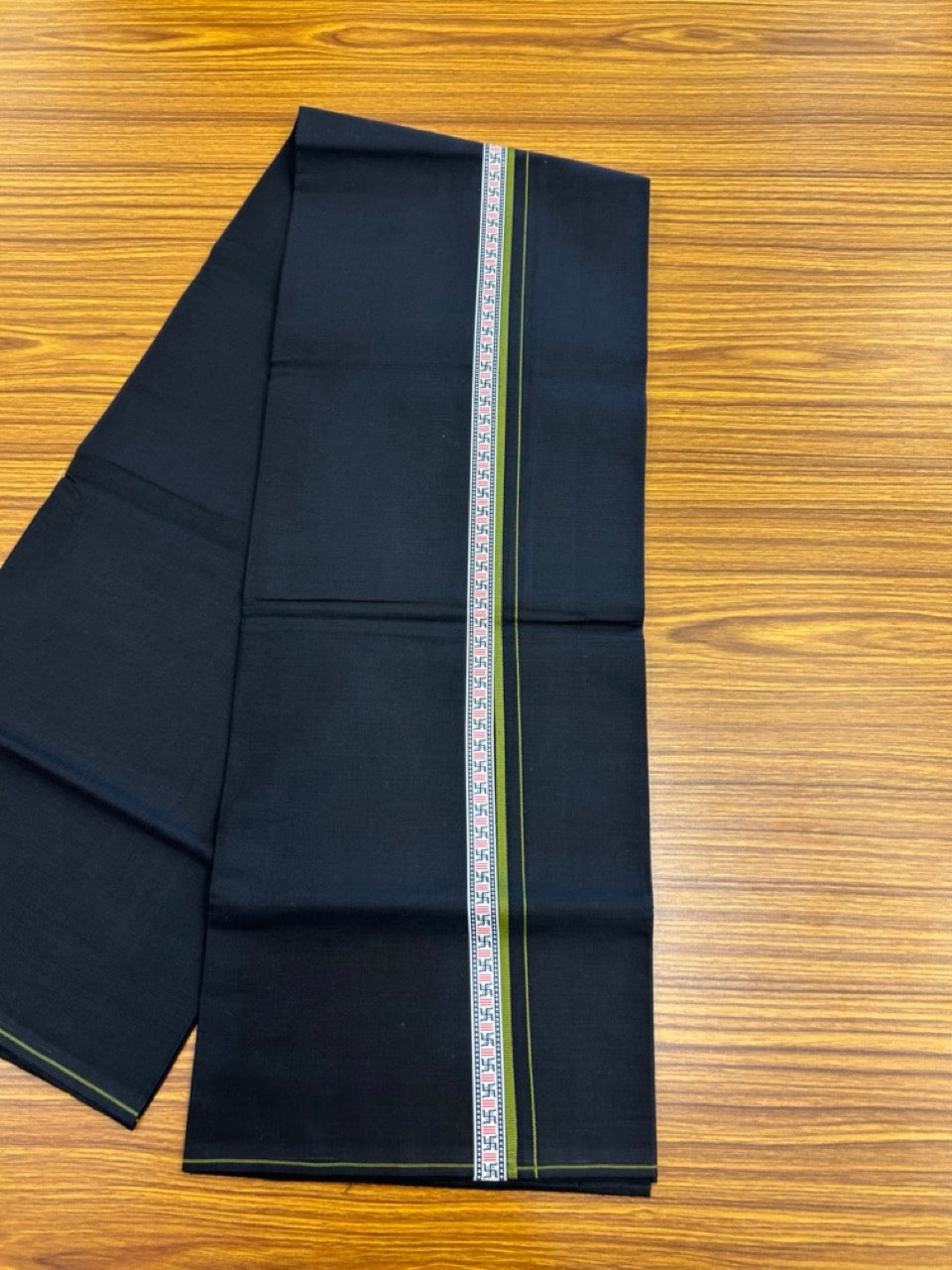39% Discount! Kaitharikada - Pure Cotton - Single Kaily / Lungi - 0.75 inch Light Olive green & Multi colour Pattern Printed kara with Black colour body (2 meter / 4 muzham) - 35 KK8035 GAN