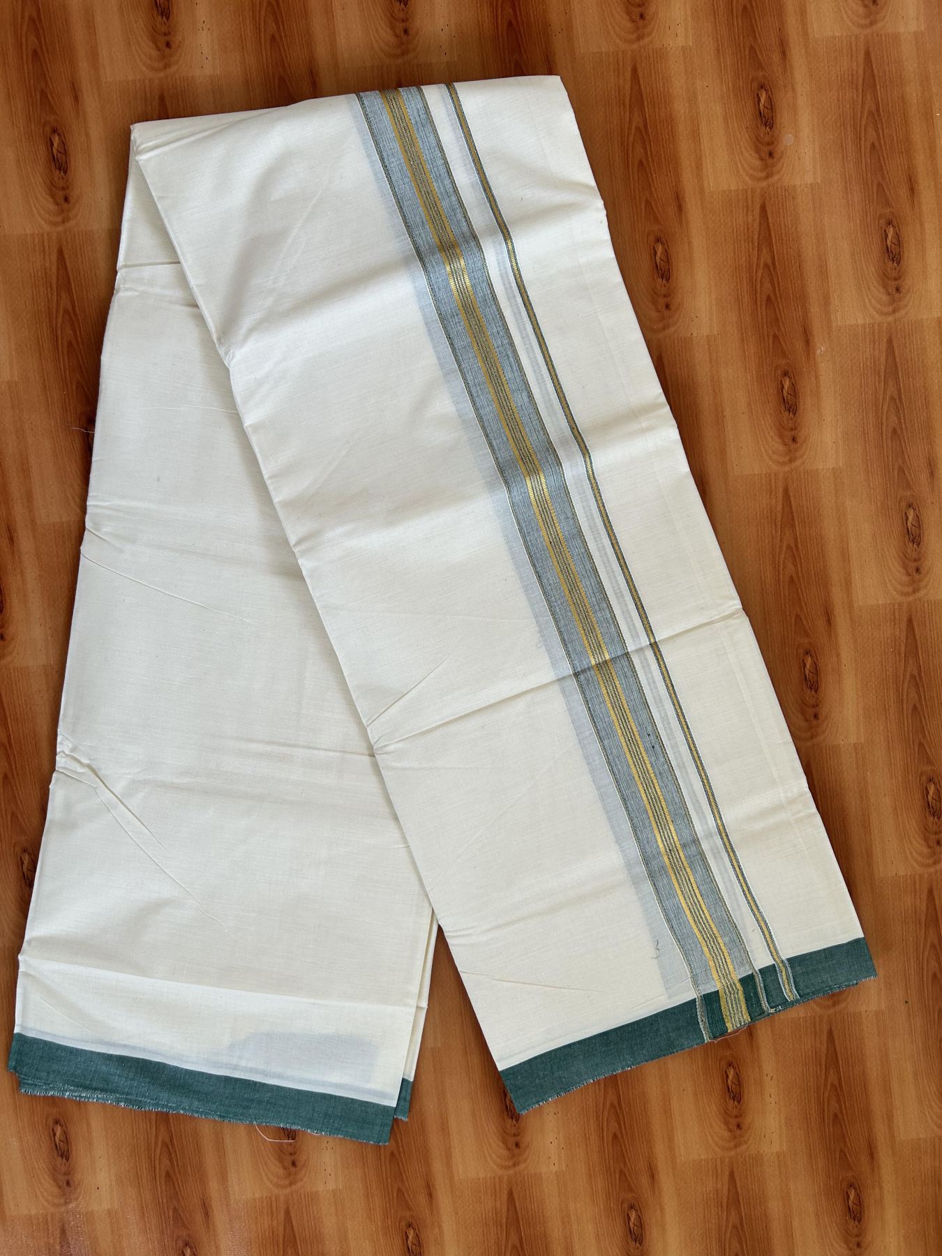 Double Off White - (Unbleached) Mundu/Dhoti - 20% Discount! KaithariKada Balaramapuram Pure Cotton - 80s - 1.5 inch Gold Kasav & Green Striped Kara - 4 mtr (8.5 Muzham) - 14 KK5416 GAN