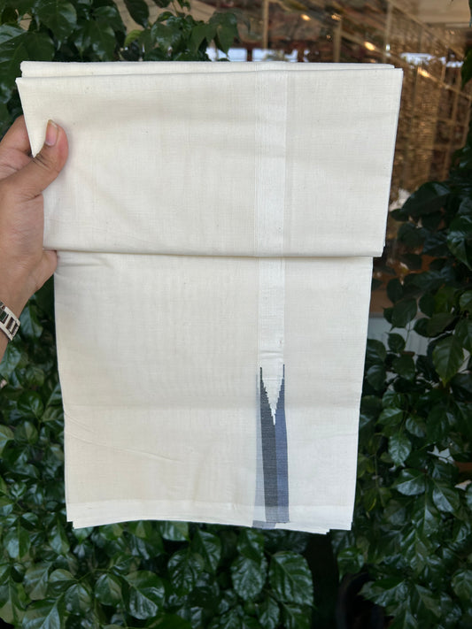 20% Discount!! KaithariKada Balaramapuram 100% Cotton Off White Double - (Unbleached) Mundu/Dhoti-100x100 - 0.75 Inch Puliyilakkara Black & Dark Blue Chutty Kara - 4 mtr (8.5 muzham) - 25 KK5371 ASH