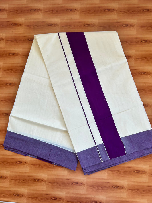 25% Discount! Kaitharikada Kerala Traditional Saree Off white- Mixed Cotton Saree - 3 Inch  Pallu - Dark Purple Kara - 48 KK7000 PMC