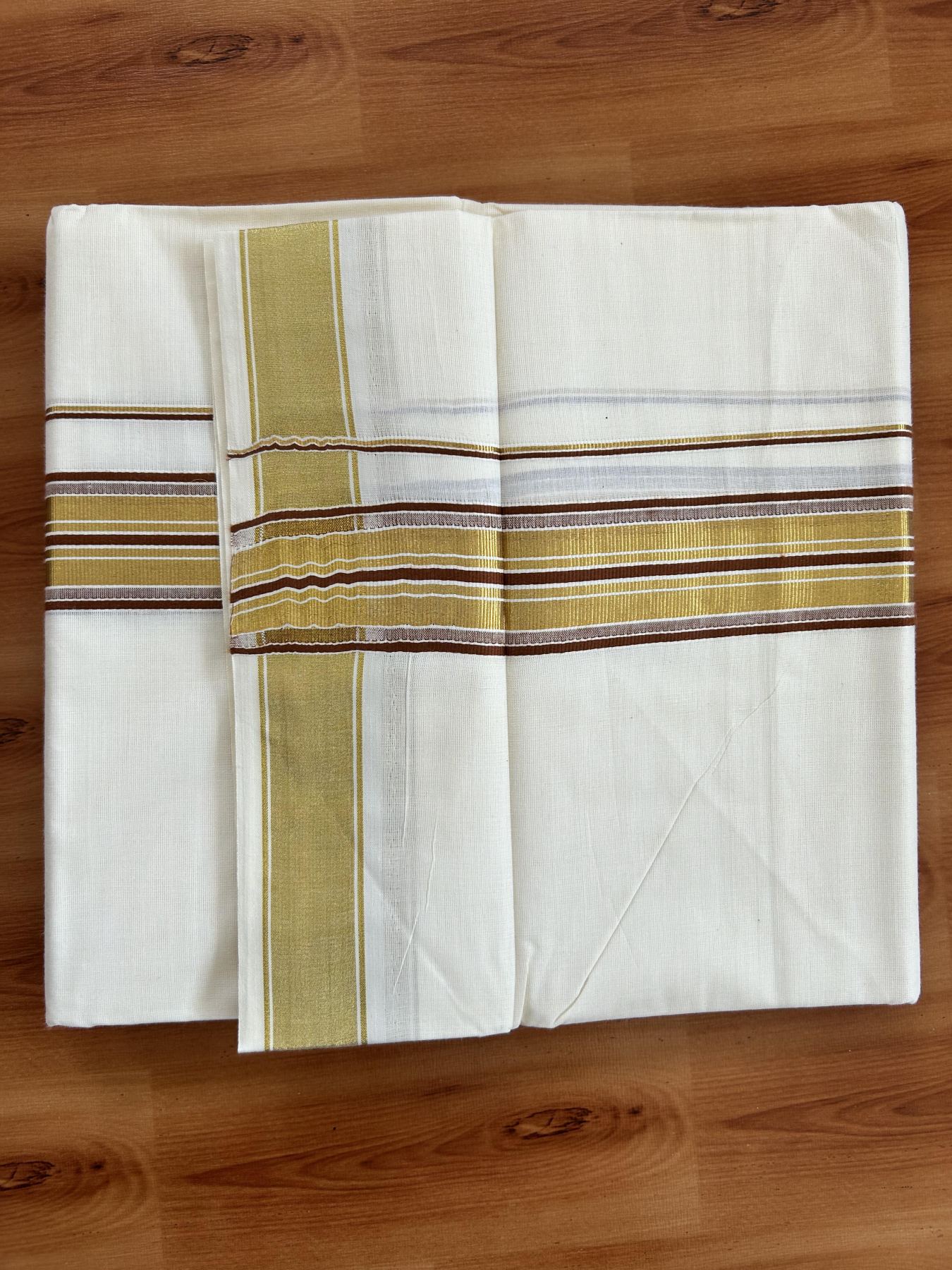 Double Off White - (Unbleached) Mundu/Dhoti - 20% Discount! KaithariKada Balaramapuram Pure Cotton - 80s - 1.5 inch Gold Kasav & Walnut Brown Striped Kara - 4 mtr (8.5 Muzham) - 19 KK5416 GAN