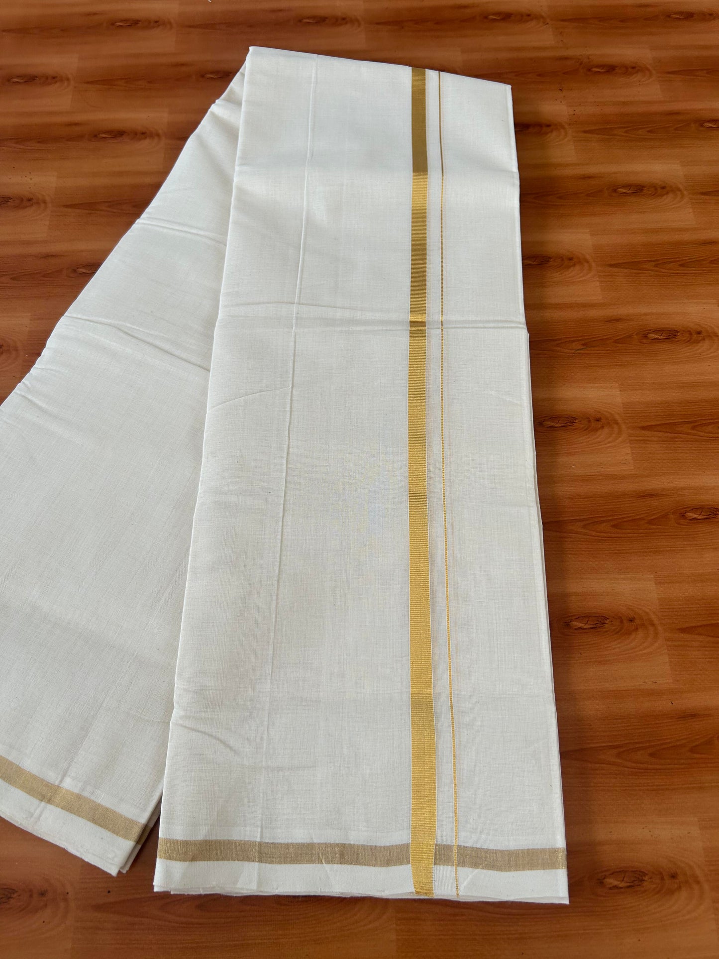 25% Discount ! KaithariKada Handloom Millpaav - Kerala Handloom - 100% Pure Cotton Off White (Unbleached) Double Mundu/Dhoti - 80x90 - 0.5 inch Gold Kara 3.60 mtr (8 Muzham) - 31 KK5386 RAM