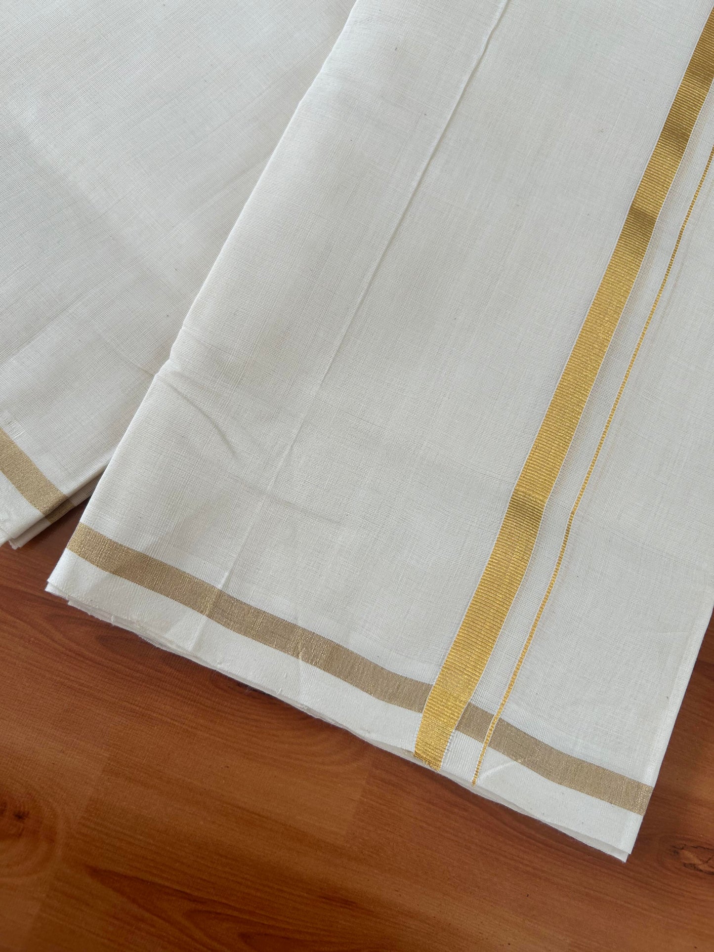 25% Discount ! KaithariKada Handloom Millpaav - Kerala Handloom - 100% Pure Cotton Off White (Unbleached) Double Mundu/Dhoti - 80x90 - 0.5 inch Gold Kara 3.60 mtr (8 Muzham) - 31 KK5386 RAM