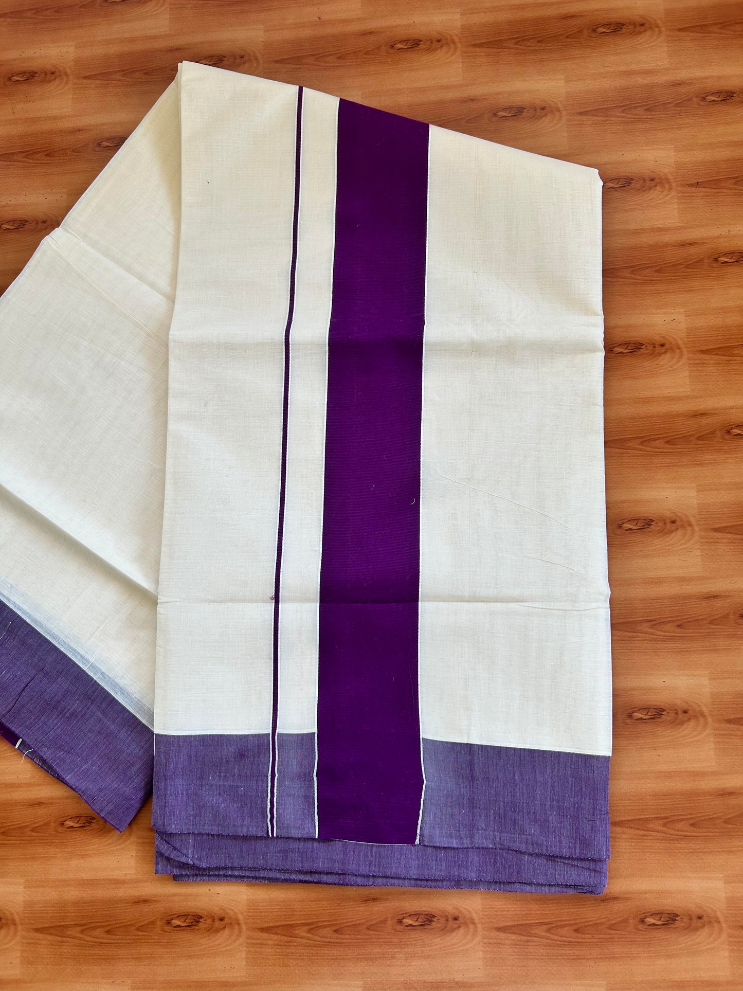 25% Discount! Kaitharikada Kerala Traditional Saree Off white- Mixed Cotton Saree - 3 Inch  Pallu - Dark Purple Kara - 48 KK7000 PMC