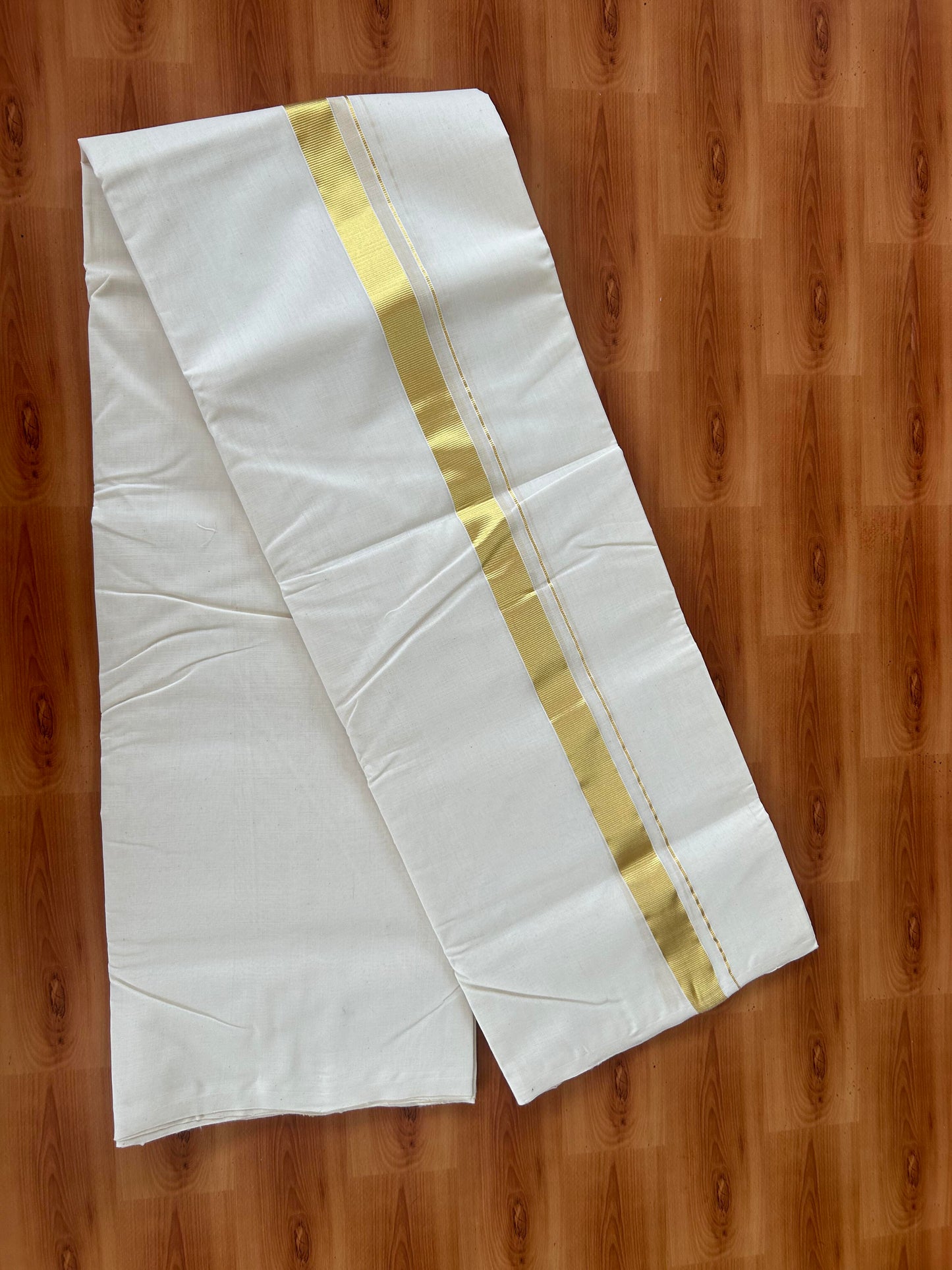 25% Discount ! KaithariKada Handloom Millpaav - Kerala Handloom - 100% Pure Cotton Off White (Unbleached) Double Mundu/Dhoti - 80x90 - 1 inch Gold Kara 3.60 mtr (8 Muzham) -  29 KK5386 RAM
