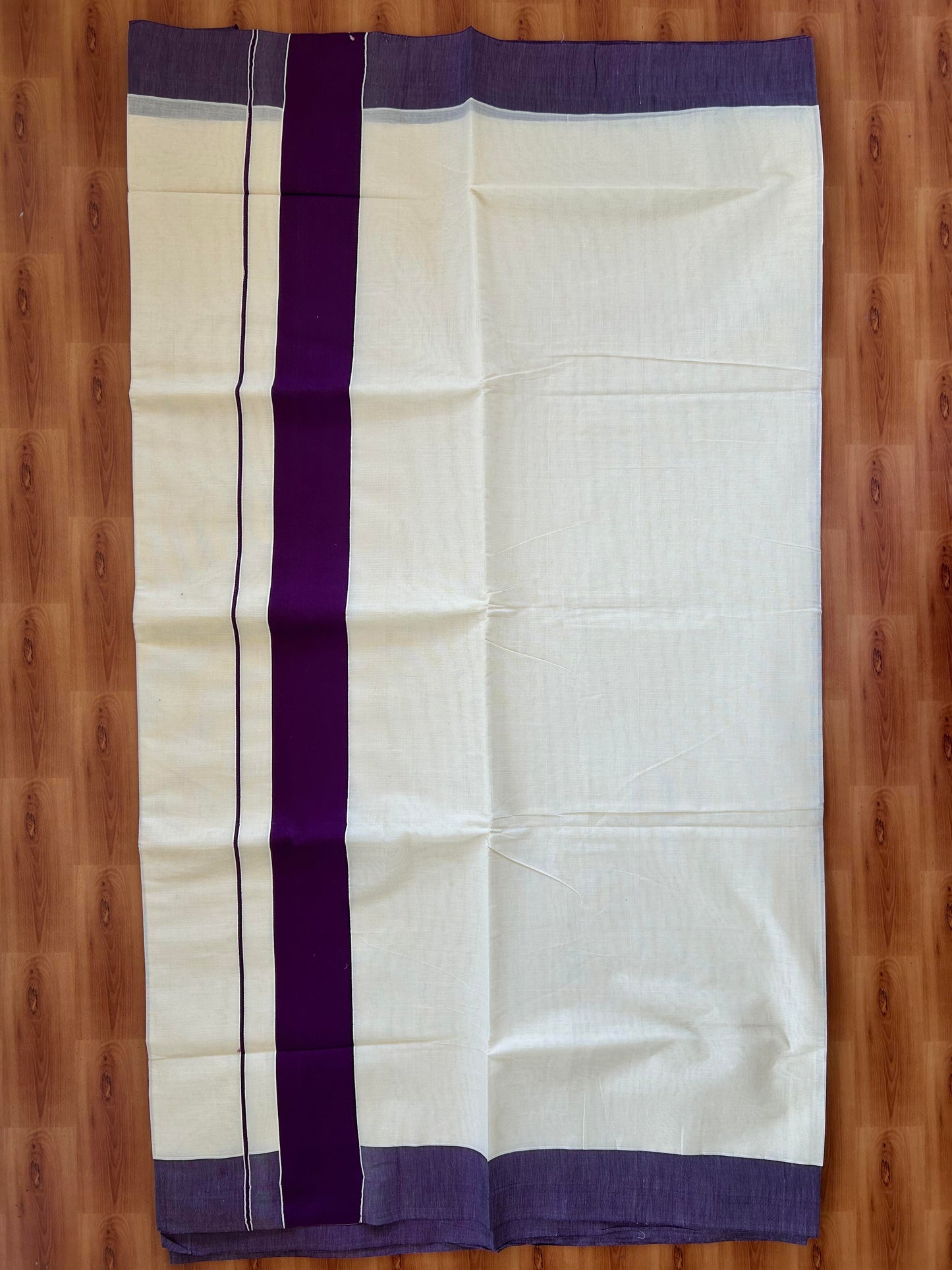 25% Discount! Kaitharikada Kerala Traditional Saree Off white- Mixed Cotton Saree - 3 Inch  Pallu - Dark Purple Kara - 48 KK7000 PMC