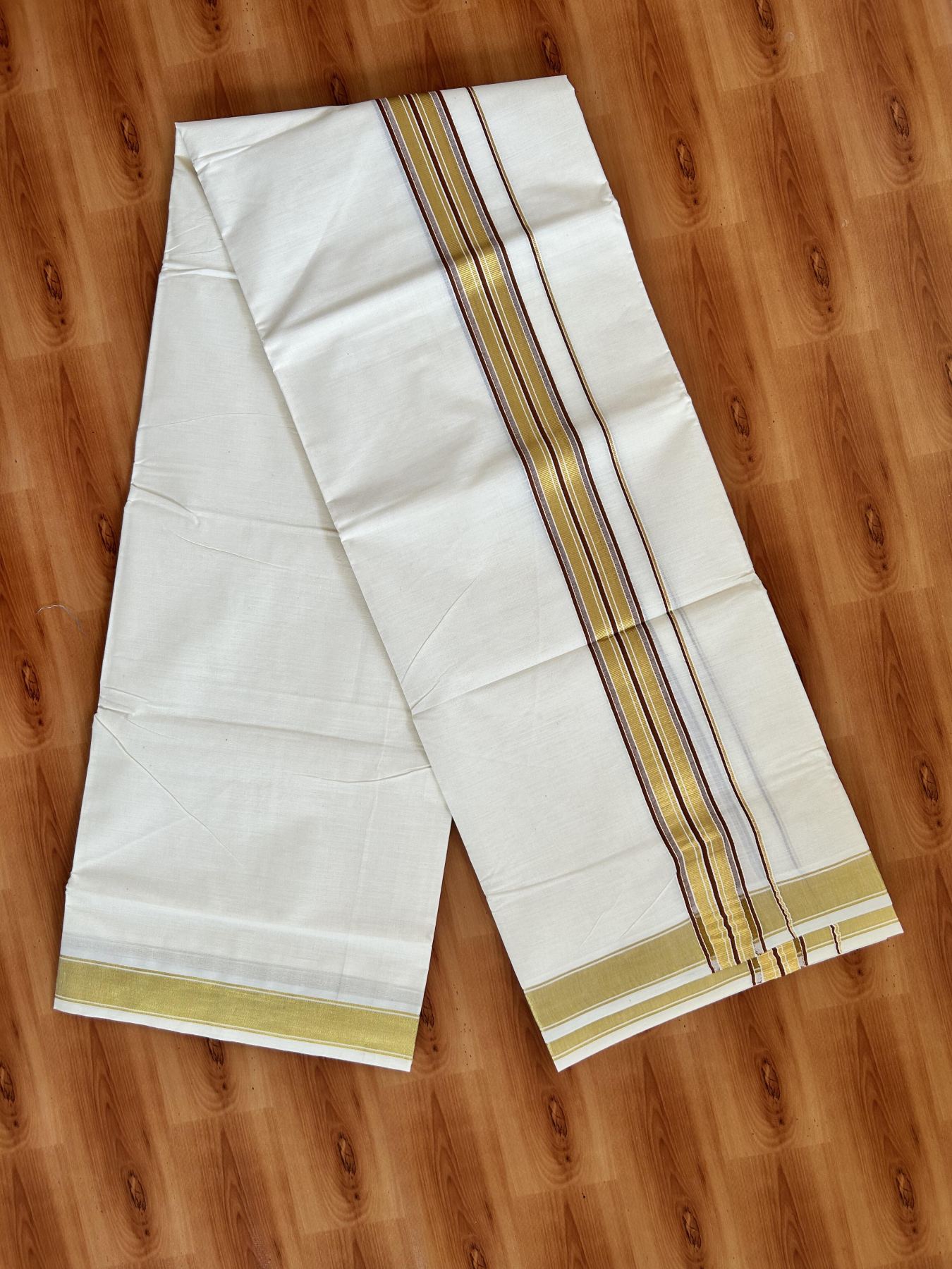 Double Off White - (Unbleached) Mundu/Dhoti - 20% Discount! KaithariKada Balaramapuram Pure Cotton - 80s - 1.5 inch Gold Kasav & Walnut Brown Striped Kara - 4 mtr (8.5 Muzham) - 19 KK5416 GAN