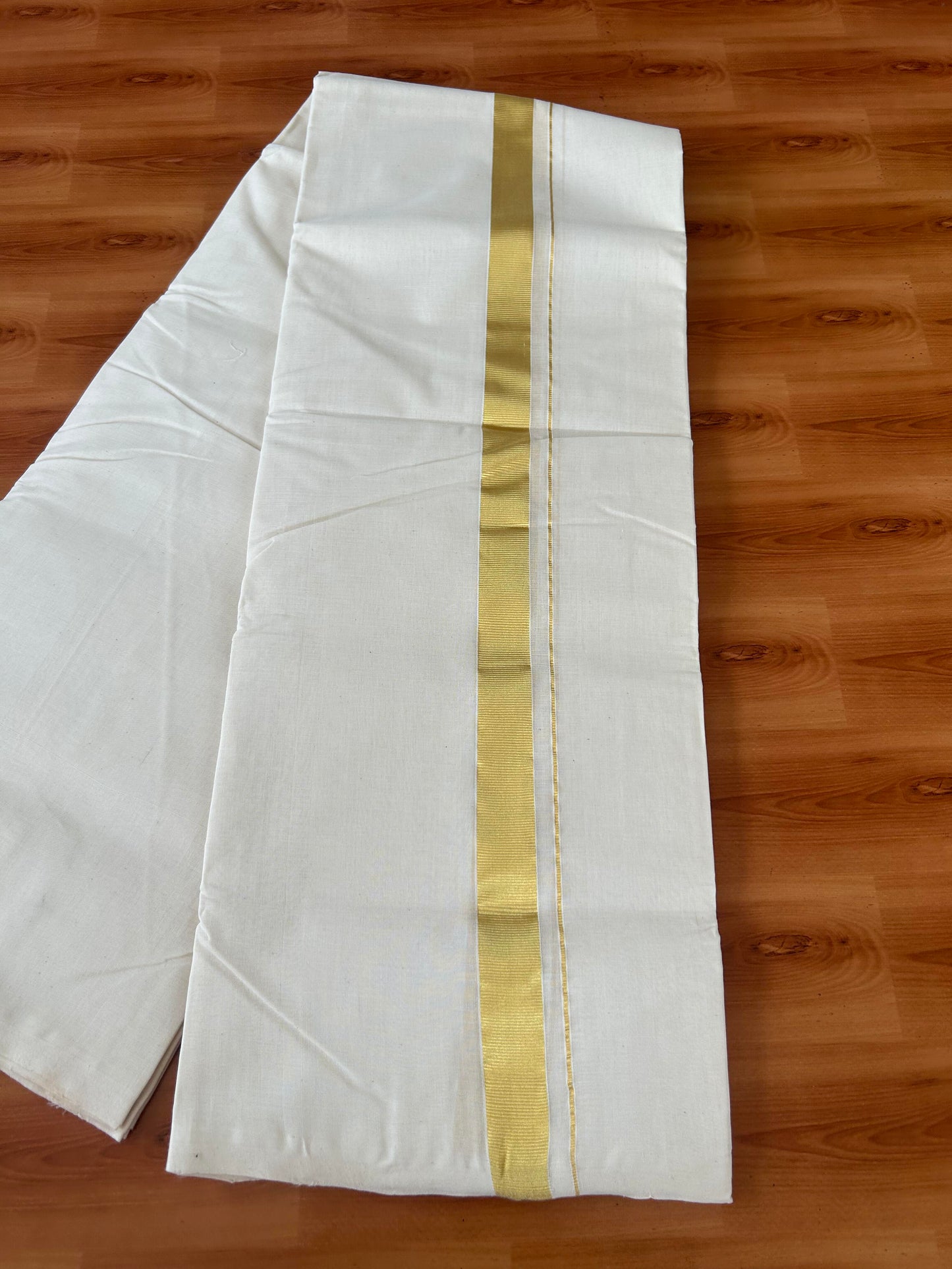 25% Discount ! KaithariKada Handloom Millpaav - Kerala Handloom - 100% Pure Cotton Off White (Unbleached) Double Mundu/Dhoti - 80x90 - 1 inch Gold Kara 3.60 mtr (8 Muzham) -  29 KK5386 RAM