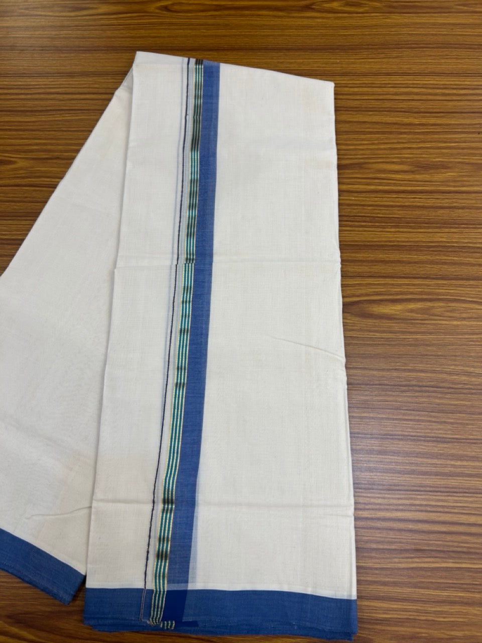25% Discount ! KaithariKada Handloom Millpaav Balaramapuram -  Cotton Off White (Unbleached) Double Mundu/Dothi - 80x90 - 1.25 inch Gold Kasavu & Peacock Blue Kasav , Blue Mulloth Kara 4 Meters (8.5 Muzham) - 109 KK5256 RAM