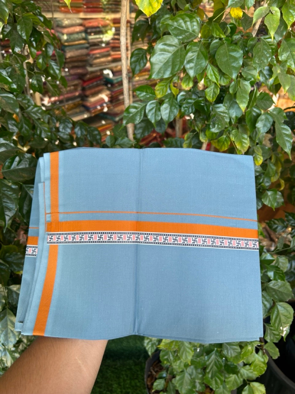 39% Discount! Kaitharikada - Pure Cotton - Single Kaily / Lungi - 1 inch  Burnt Orange & Multi colour Pattern Printed kara with Blue Grey colour body (2 meter / 4 muzham) - 29 KK8035 GAN