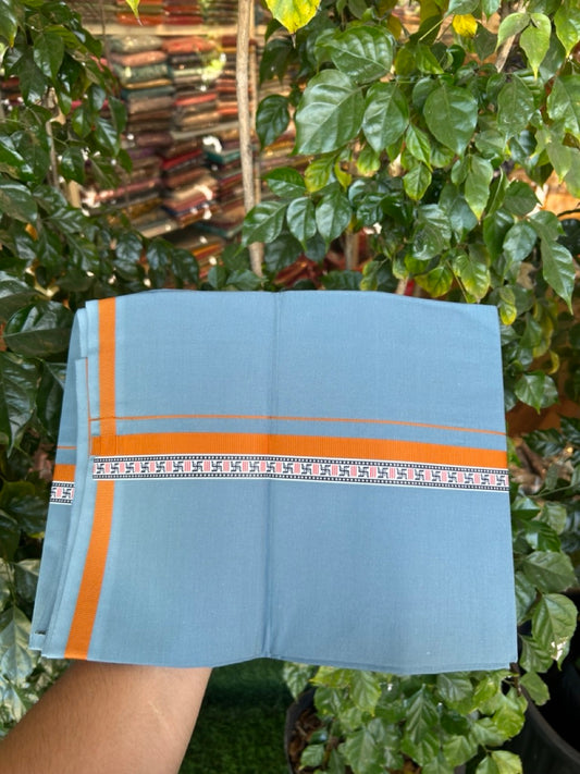 39% Discount! Kaitharikada - Pure Cotton - Single Kaily / Lungi - 1 inch  Burnt Orange & Multi colour Pattern Printed kara with Blue Grey colour body (2 meter / 4 muzham) - 29 KK8035 GAN