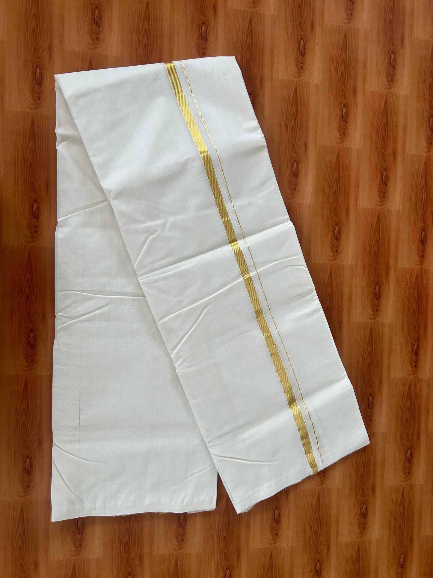25% Discount ! KaithariKada Handloom Millpaav - Kerala Handloom - 100% Pure Cotton Off White (Unbleached) Double Mundu/Dhoti - 80x90 - 0.5 inch Gold Kara 3.60 mtr (8 Muzham) - 33 KK5386 RAM