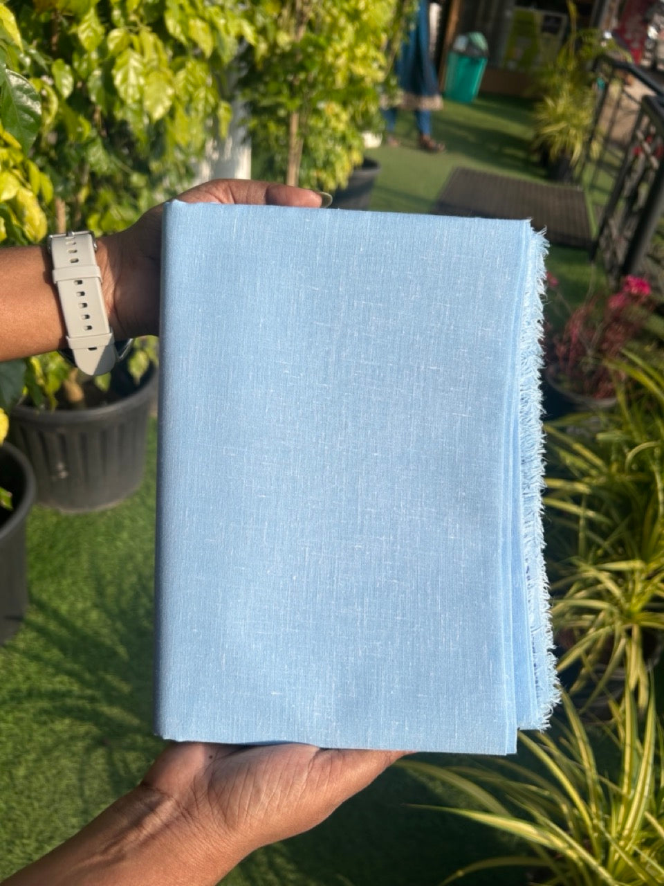 NEW! Kaitharikada - LINEN TOUCH (cotton) Shirt Material - Baby blue 200x150(cm) (₹ 300 per meter) - 1KK7005MKS