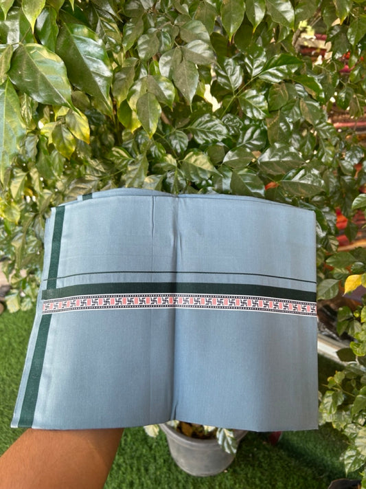 39% Discount! Kaitharikada - Pure Cotton - Single Kaily / Lungi - 1 inch Dark Green & Multi colour Pattern Printed kara with Blue Grey colour body (2 meter / 4 muzham) - 27 KK8035 GAN