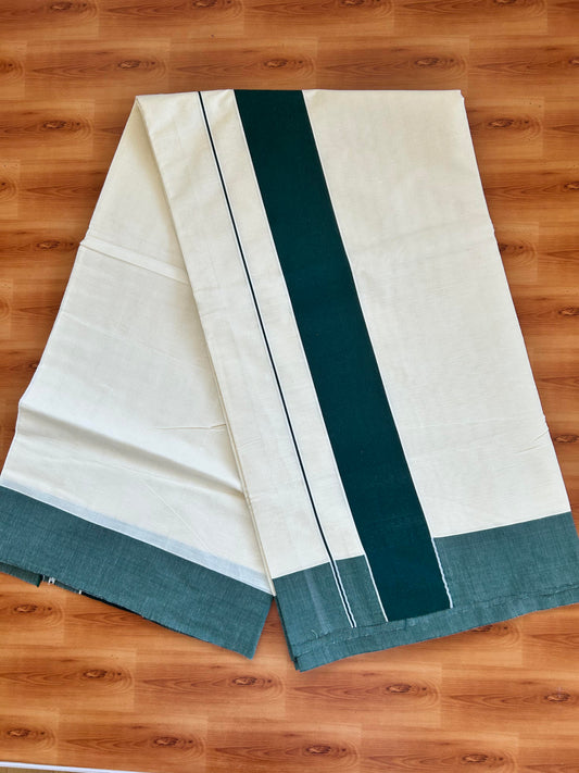 25% Discount! Kaitharikada Kerala Traditional Saree Off white- Mixed Cotton Saree - 3 Inch  Pallu - Dark Green Kara - 44 KK7000 PMC