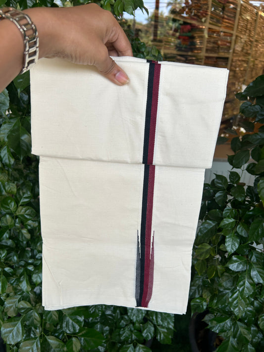 Dmk Veshti - 20% Discount !! KaithariKada Balaramapuram 100% Cotton Single Off White - (Unbleached) Mundu/Dhoti- Twisted 100s Thread - 1 inch Puliyilakkara Maroon & Black Chutty Kara (2 meter / 4 muzham) - 32 KK5373 ASH