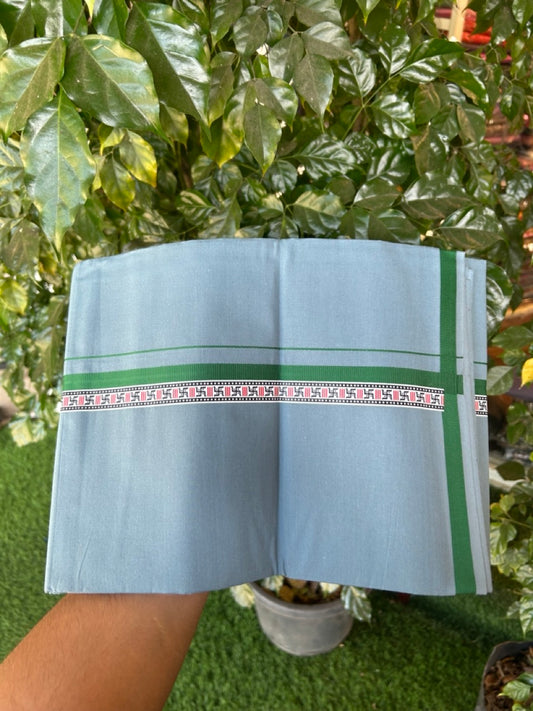 39% Discount! Kaitharikada - Pure Cotton - Single Kaily / Lungi - 1 inch  Green & Multi colour Pattern Printed kara with Blue Grey colour body (2 meter / 4 muzham) - 28 KK8035 GAN
