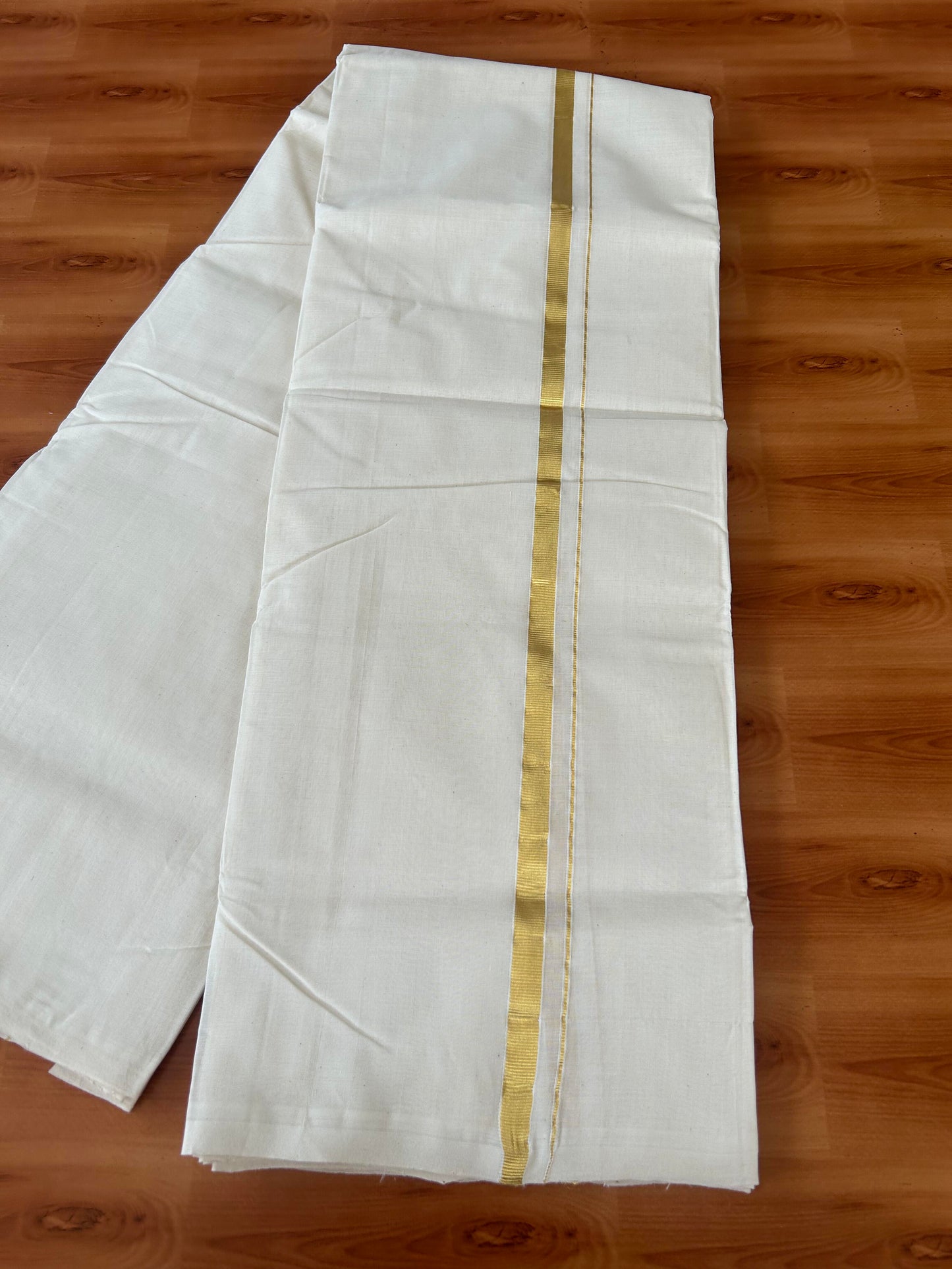 25% Discount ! KaithariKada Handloom Millpaav - Kerala Handloom - 100% Pure Cotton Off White (Unbleached) Double Mundu/Dhoti - 80x90 - 0.5 inch Gold Kara 3.60 mtr (8 Muzham) - 33 KK5386 RAM