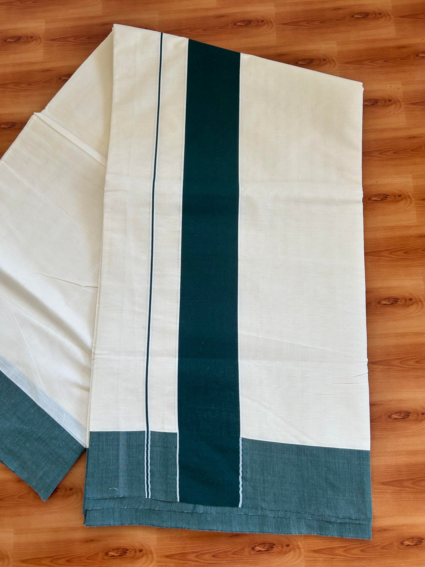 25% Discount! Kaitharikada Kerala Traditional Saree Off white- Mixed Cotton Saree - 3 Inch  Pallu - Dark Green Kara - 44 KK7000 PMC