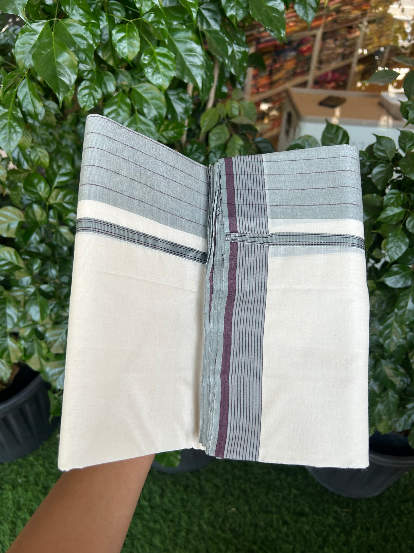 25% Discount!! KaithariKada Handloom  Unakkupaav - Kerala Handloom - 100% Pure Cotton Off White - (Unbleached) Double Mundu/Dothi - 100 x 80 - 5 inch Ash Green & Puple Side Striped Kara 4 meter (8.5 muzham) - 9 KK5371 REA