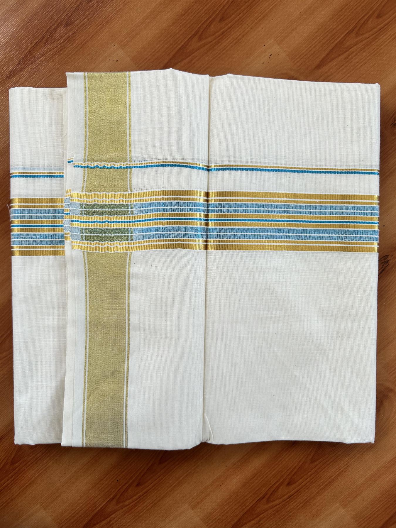 Double Off White - (Unbleached) Mundu/Dhoti - 20% Discount! KaithariKada Balaramapuram Pure Cotton - 80s - 1.5 inch Gold Kasav & Sky Blue Striped Kara - 4 mtr (8.5 Muzham) - 25 KK5416 GAN