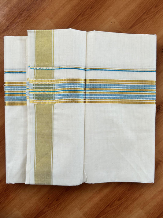 Double Off White - (Unbleached) Mundu/Dhoti - 20% Discount! KaithariKada Balaramapuram Pure Cotton - 80s - 1.5 inch Gold Kasav & Sky Blue Striped Kara - 4 mtr (8.5 Muzham) - 25 KK5416 GAN