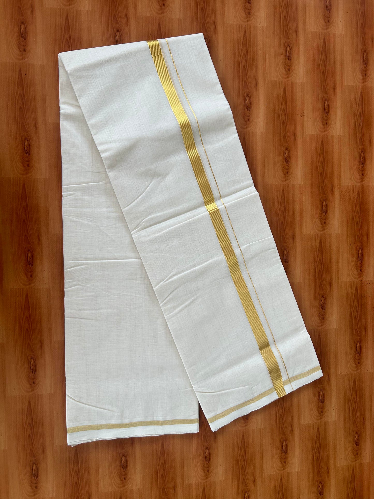 25% Discount ! KaithariKada Handloom Millpaav - Kerala Handloom - 100% Pure Cotton Off White (Unbleached) Double Mundu/Dhoti - 80x90 - 0.75 inch Gold Kara 3.60 mtr (8 Muzham) - 30 KK5386 RAM